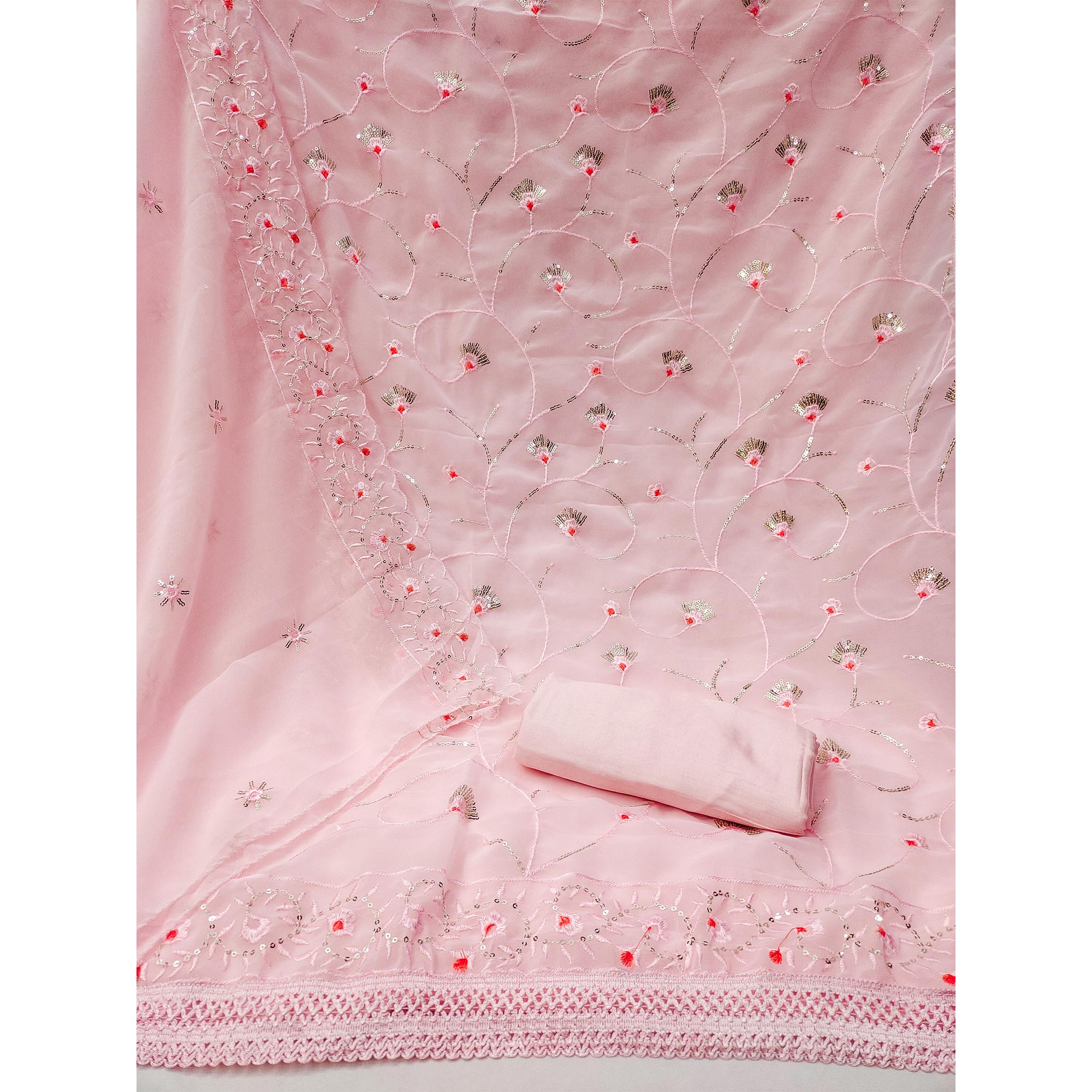Pink Floral Sequins Embroidered Georgette Dress Material