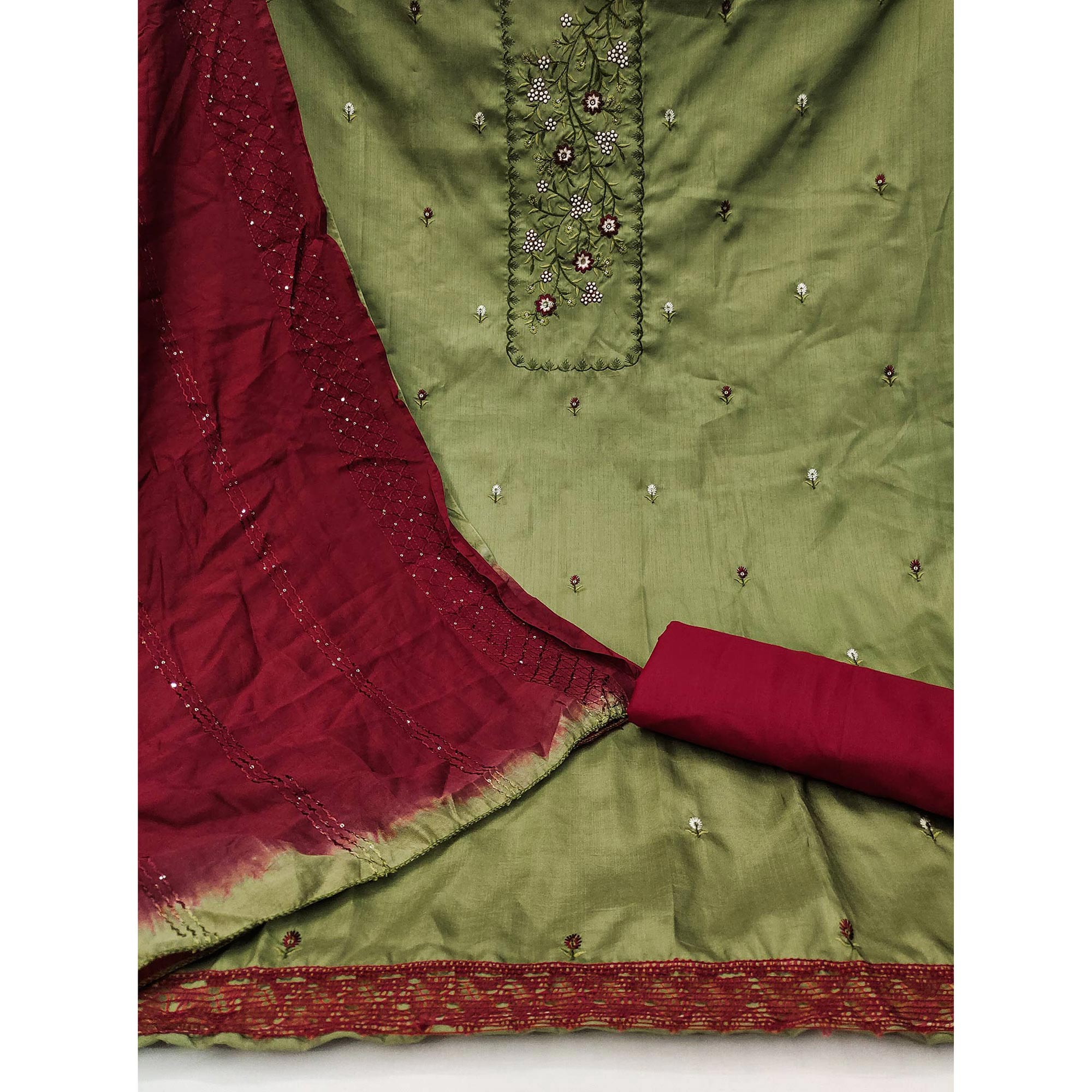 Sparkling Blooms Green Cotton Blend Dress Material With Sequin Embellishments