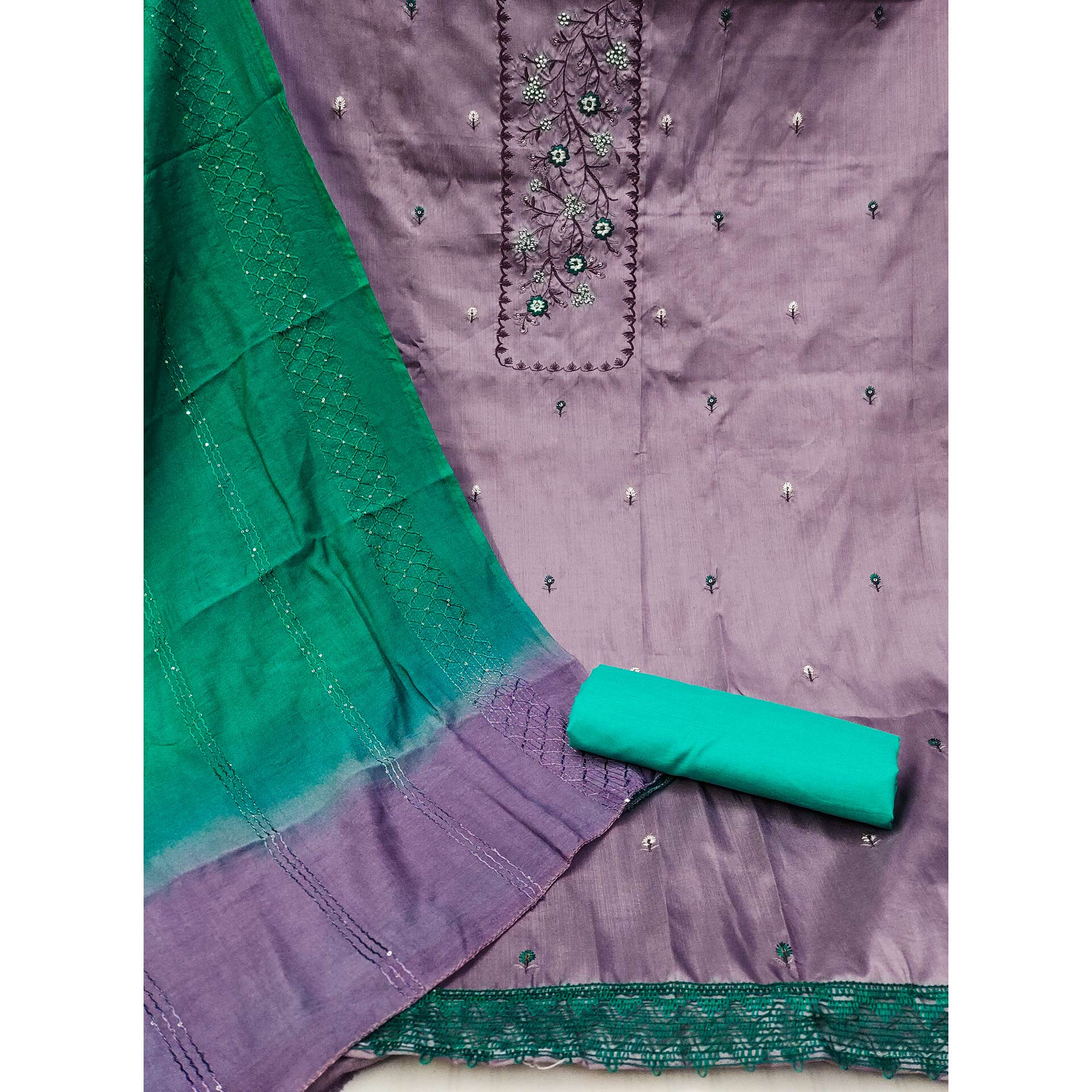 Lavender Grace Cotton Blend Dress Material With Floral Thread Embroidery & Sequins