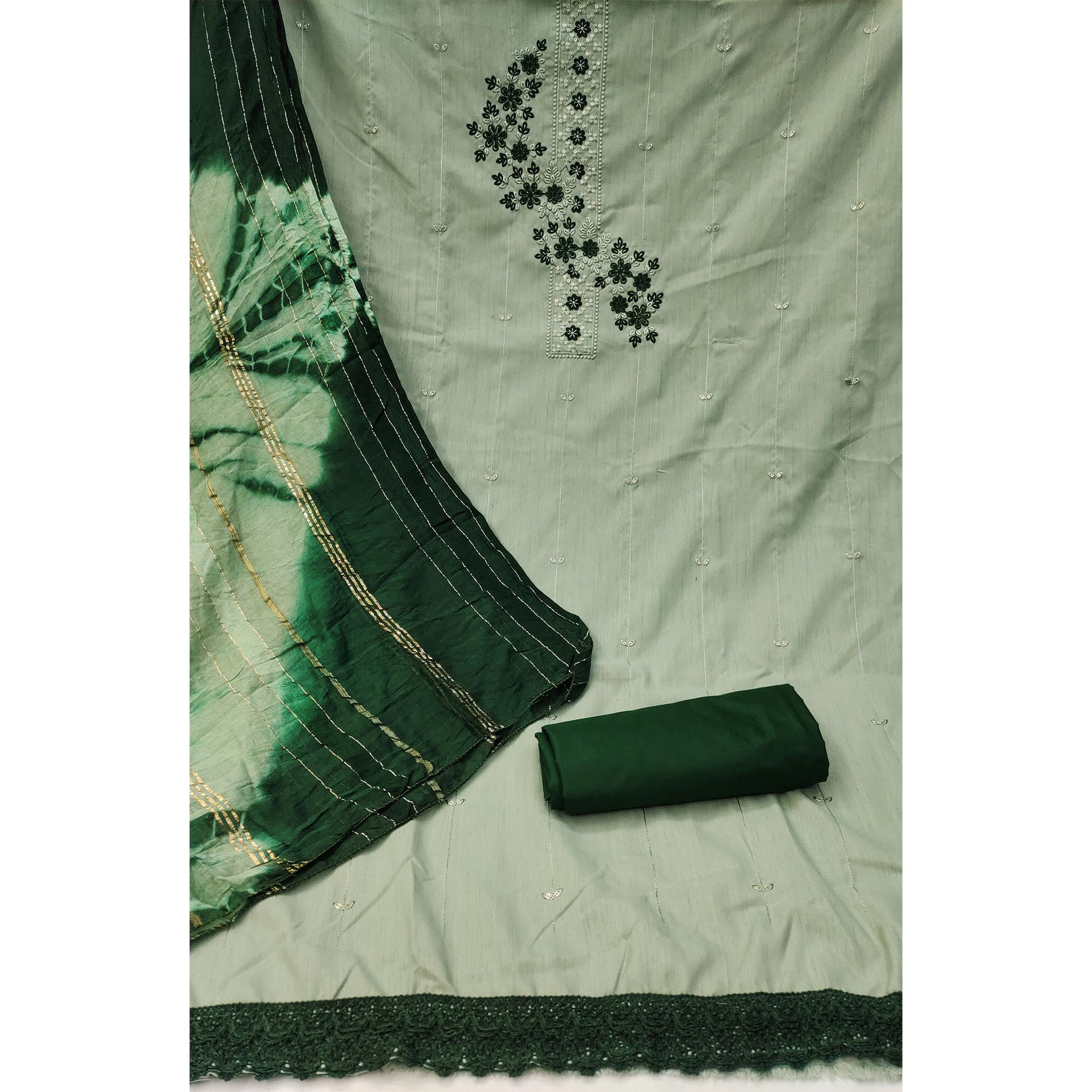 Green Cotton Blend Dress Material With Delicate Floral Thread & Sequin Embellishments
