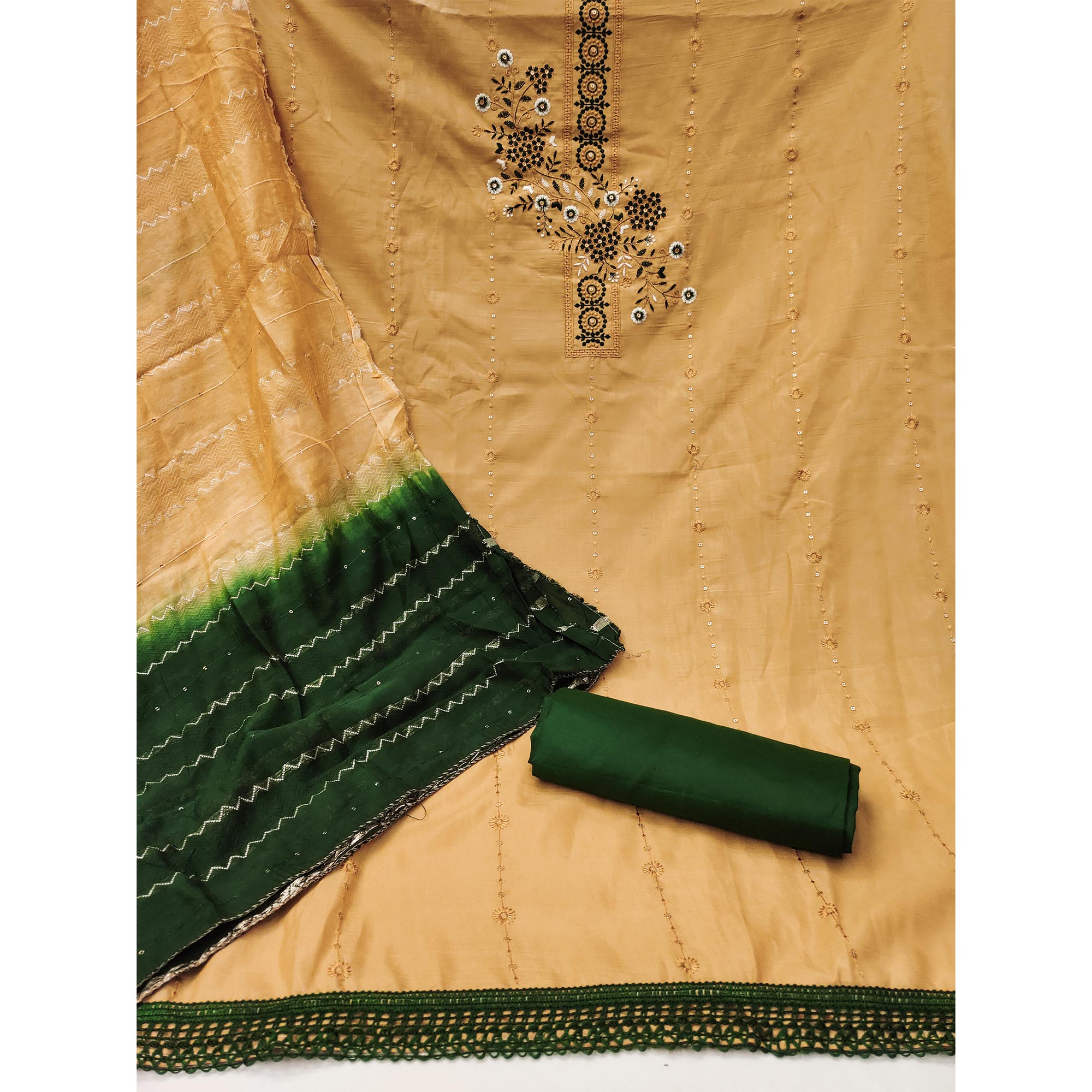 Chikoo Charm Cotton Blend Dress Material With Threaded Florals And Sparkling Sequins