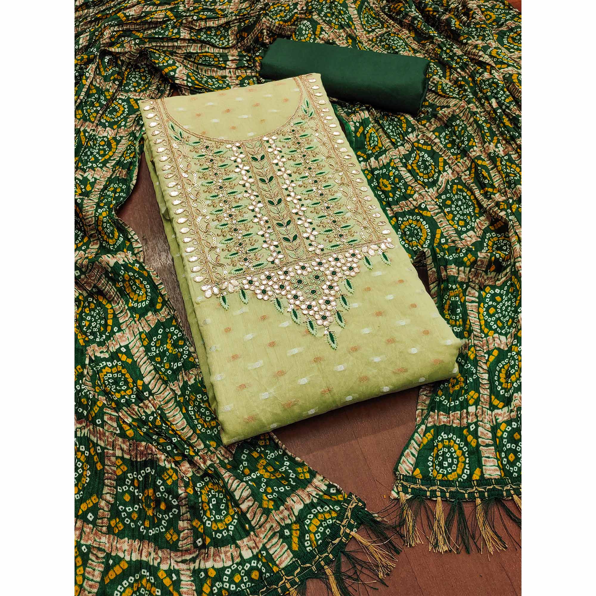 Green Woven With Gota Work Jacquard Dress Material