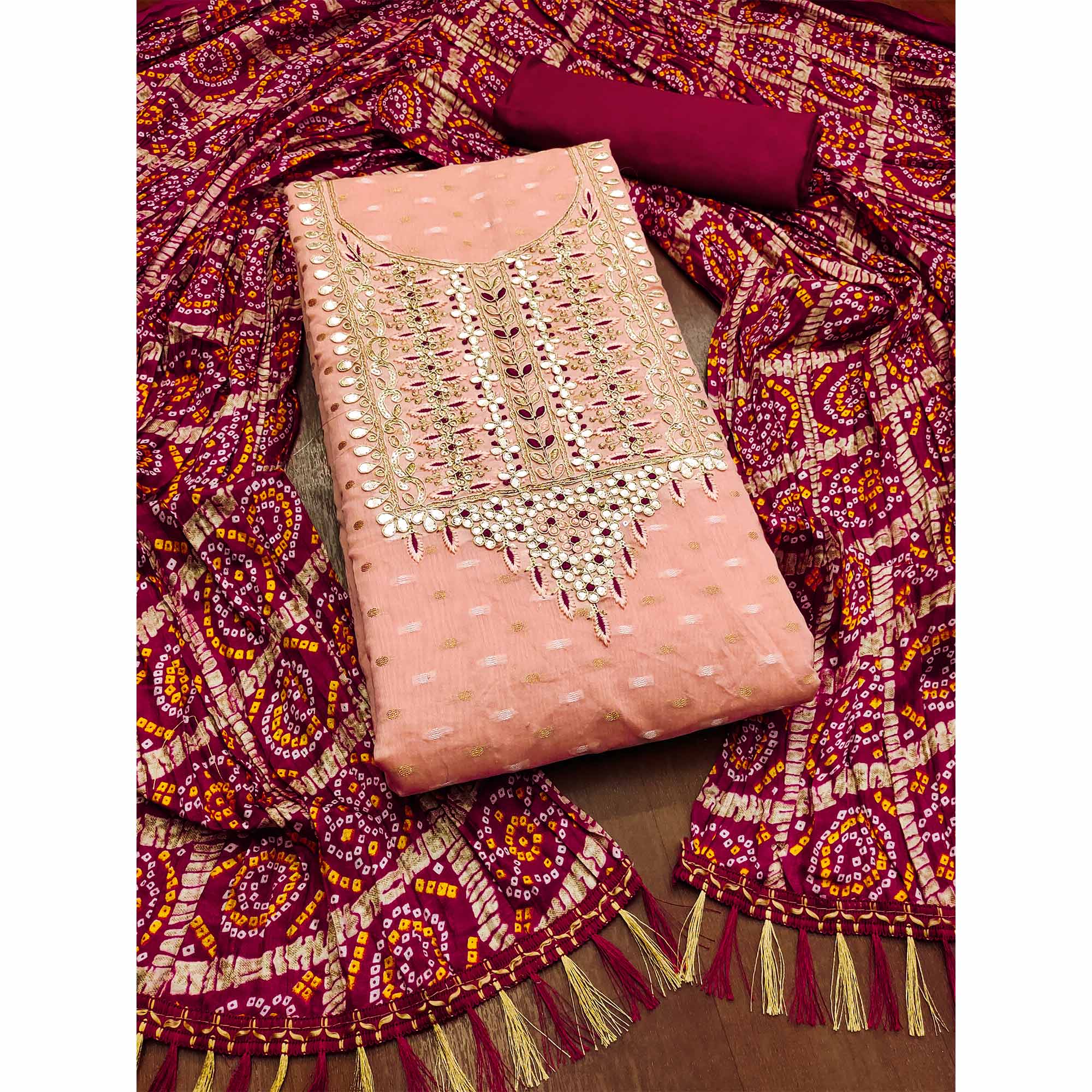 Peach Woven With Gota Work Jacquard Dress Material