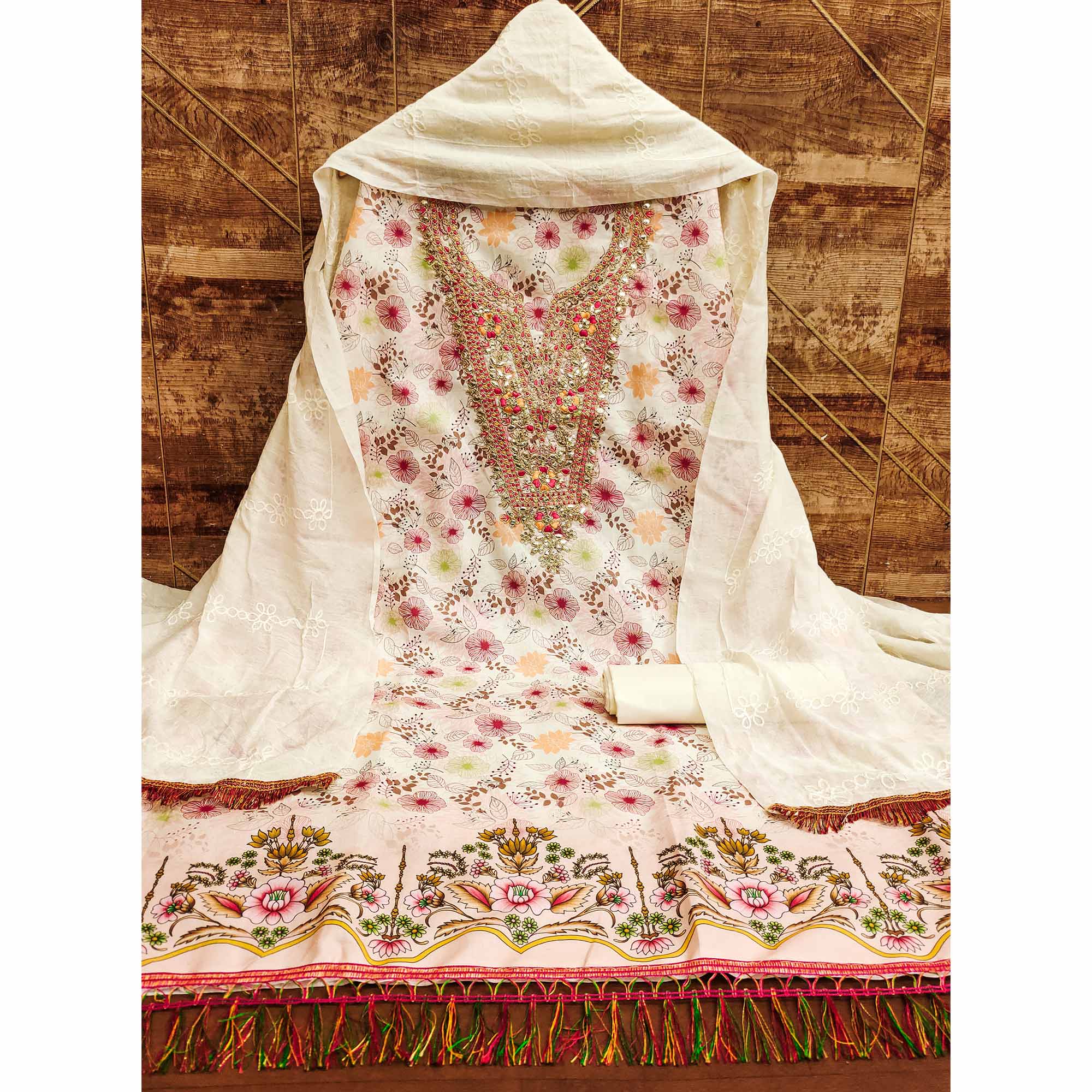 Cream Dress Material With Floral Digital Print & Subtle Sequins Embroidery Work