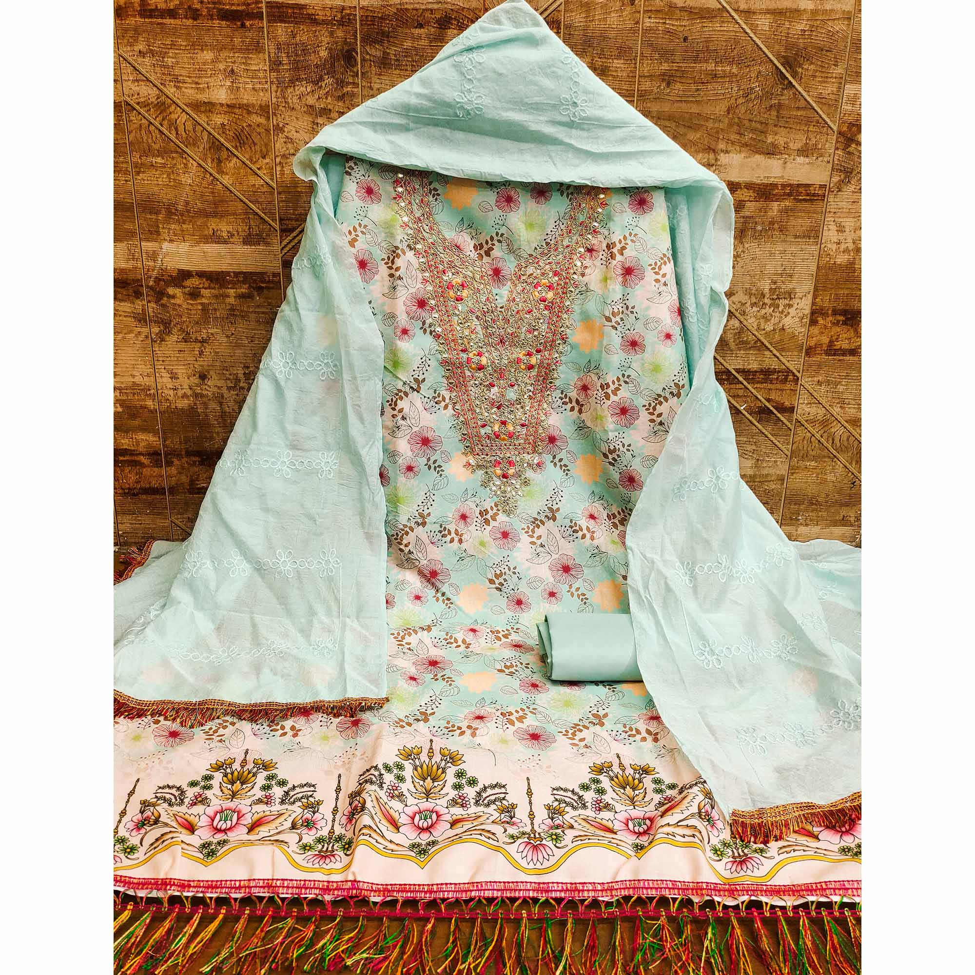 Turquoise Dress Material With Floral Digital Print & Subtle Sequins Embroidery Work