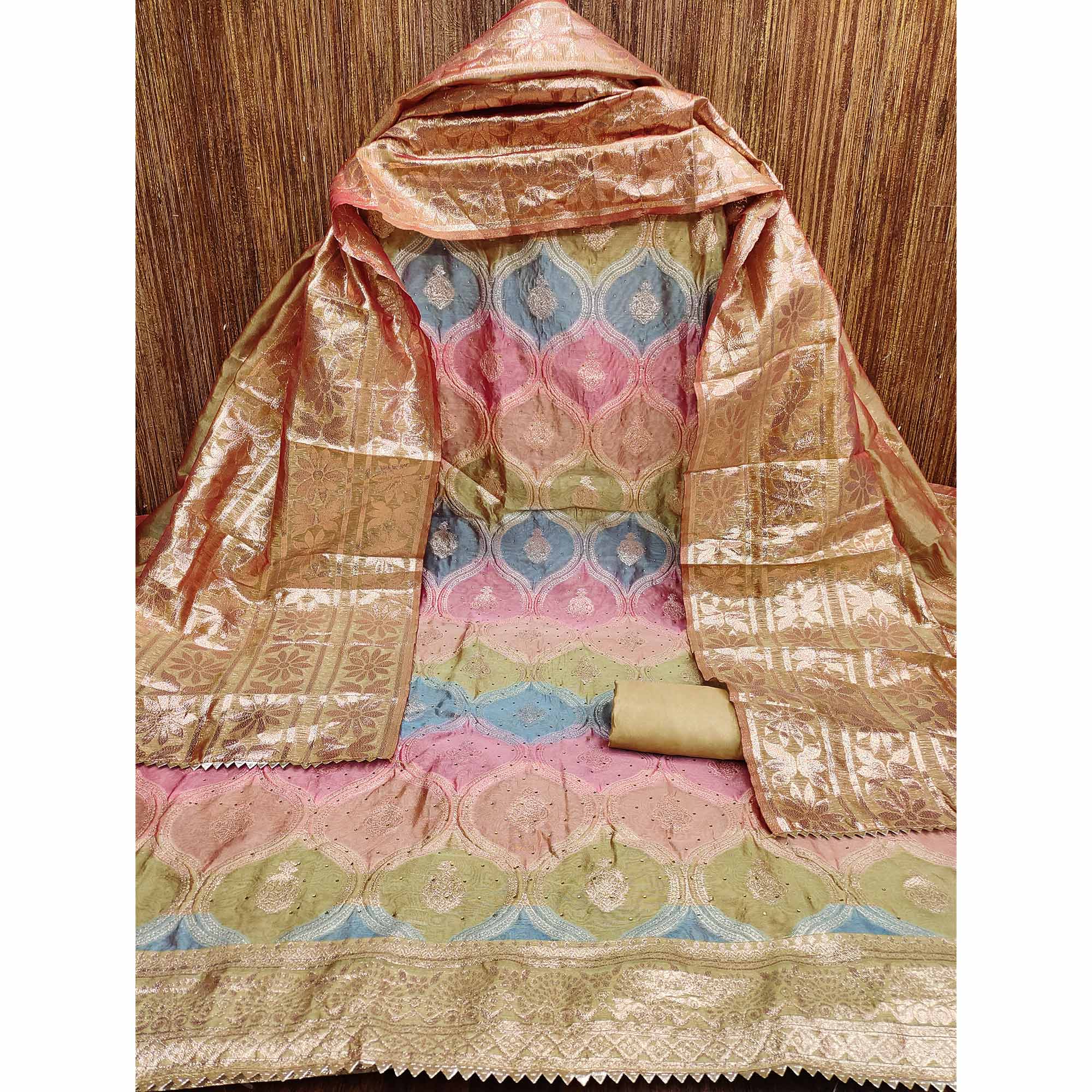 Chikoo Organza Banarasi Silk Dress Material With Zari & Sparkling Stone Embellishments