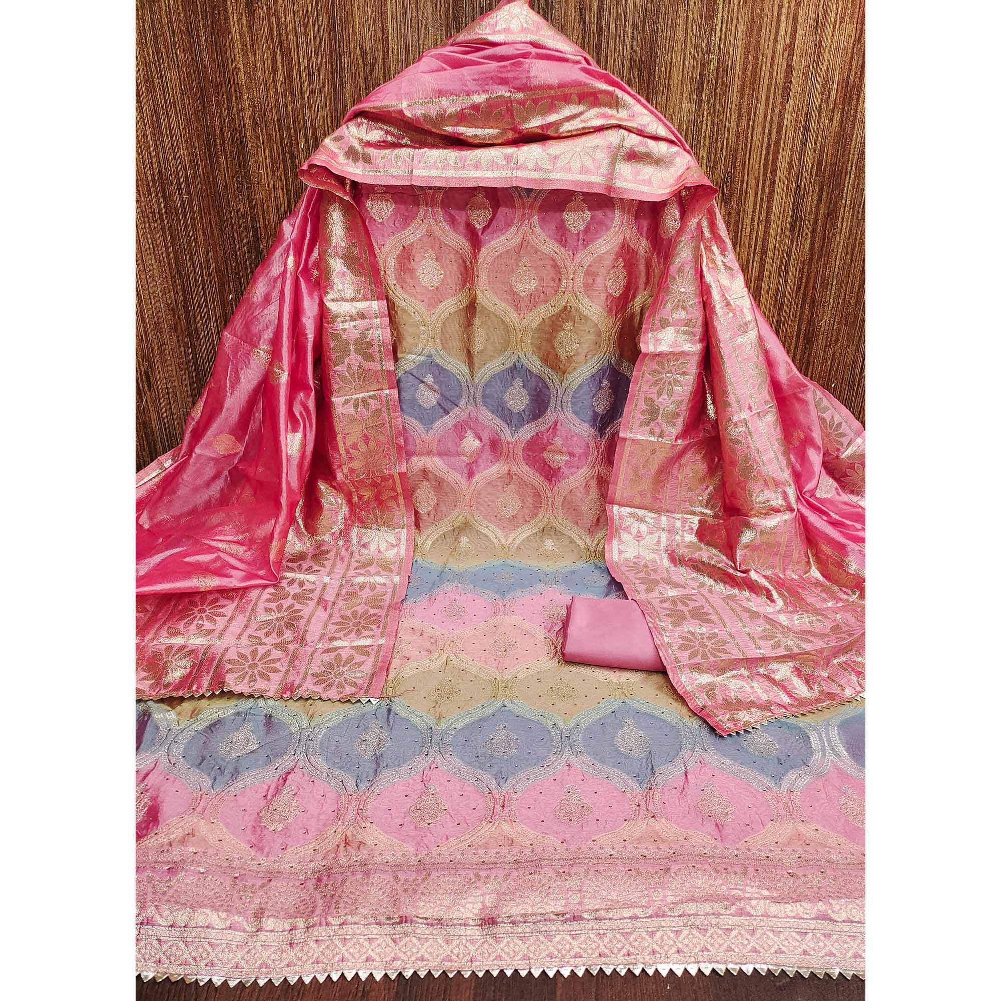 Pink Organza Banarasi Silk Dress Material With Zari & Sparkling Stone Embellishments