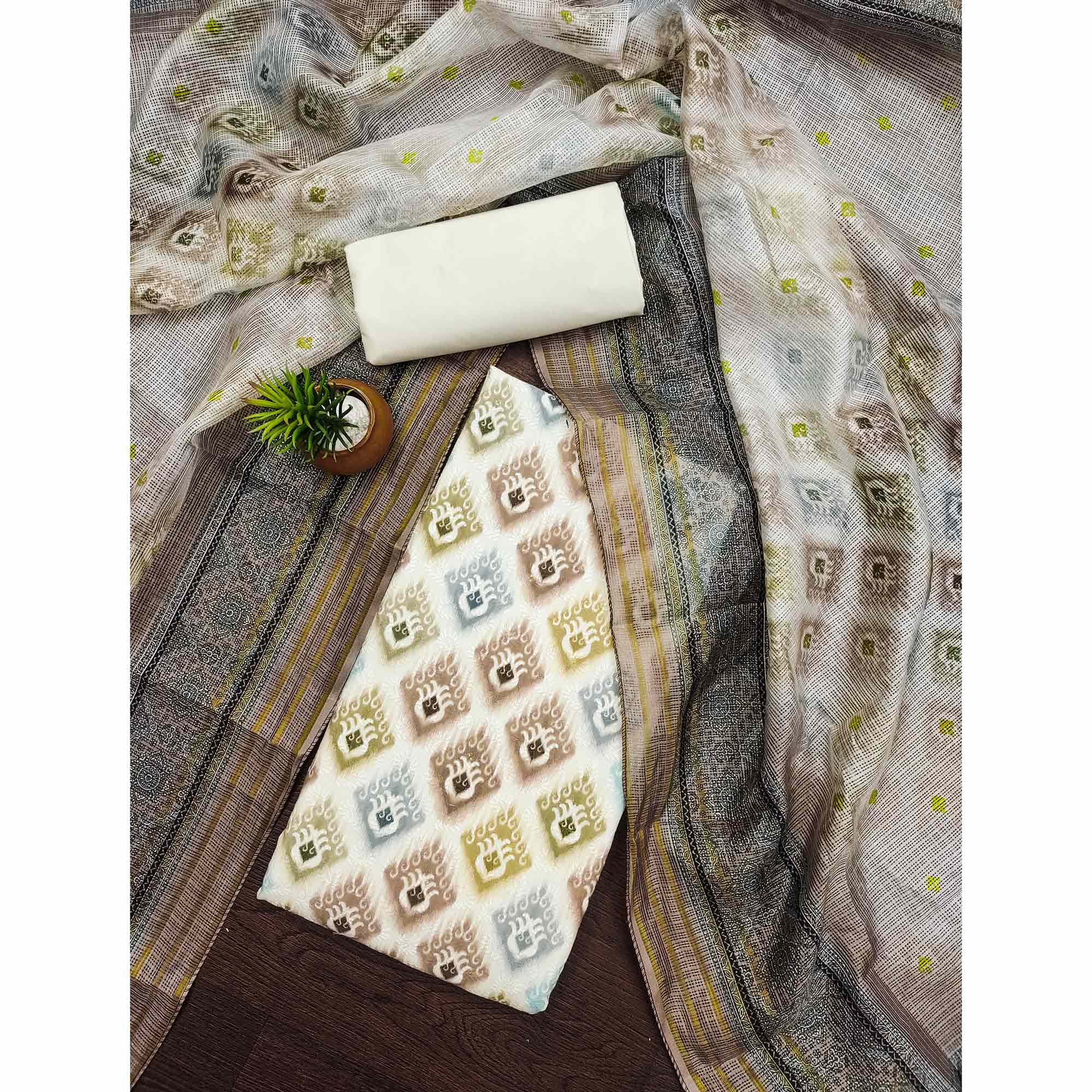 White & Brown Dress Material In Cotton Blend With Delicate Digital Print & Sifli Embroidery Work