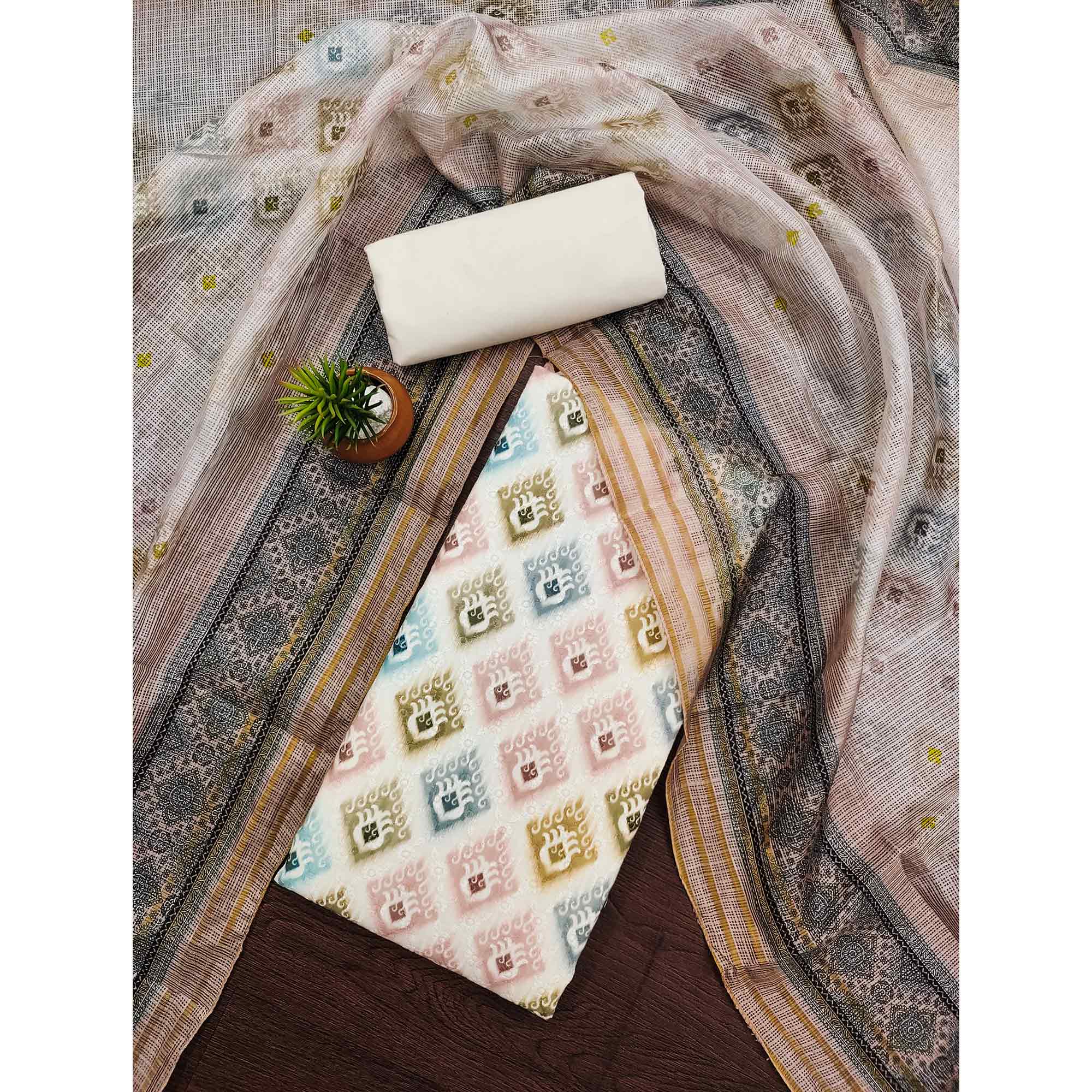 White & Pale Dusty Peach Dress Material In Cotton Blend With Delicate Digital Print & Sifli Embroidery Work