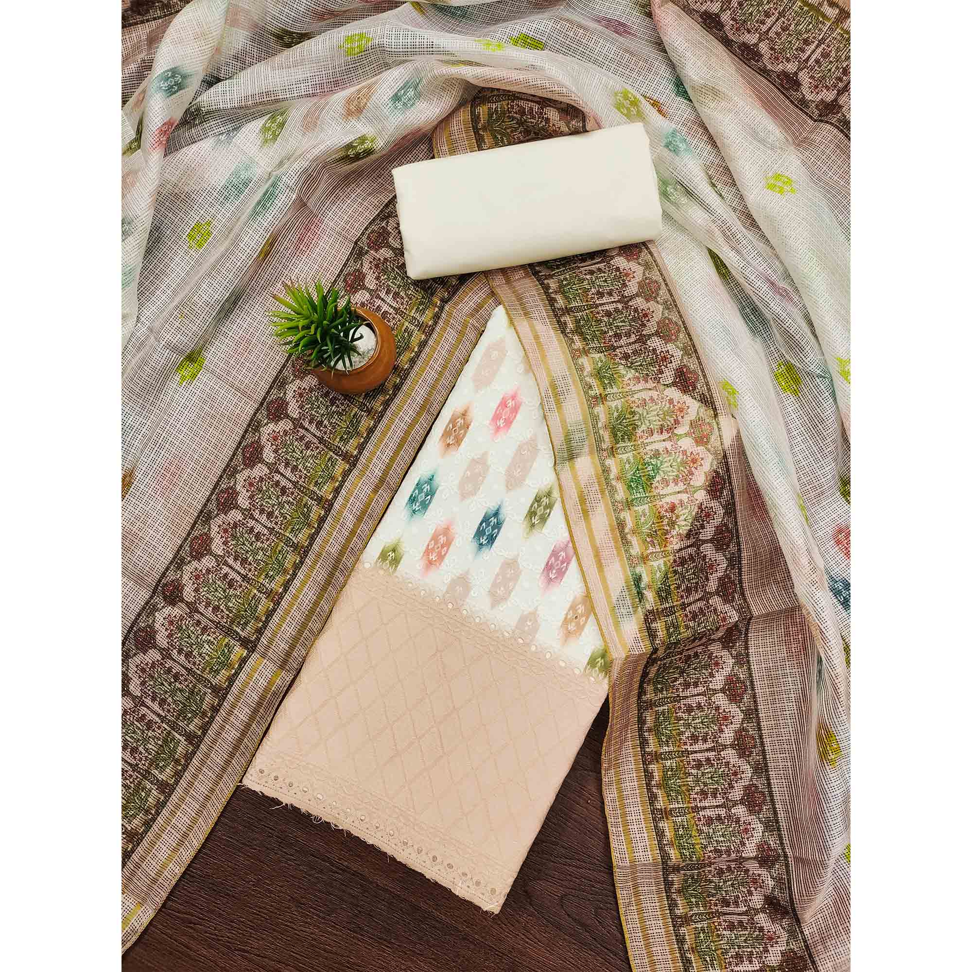 White & Beige Schiffli Embroidered Cotton Blend Dress Material With Digital Print