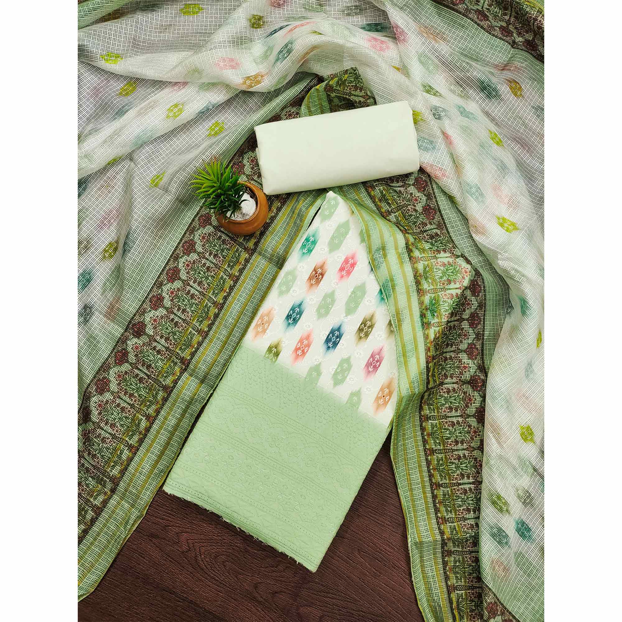 White & Green Schiffli Embroidered Cotton Blend Dress Material With Digital Print