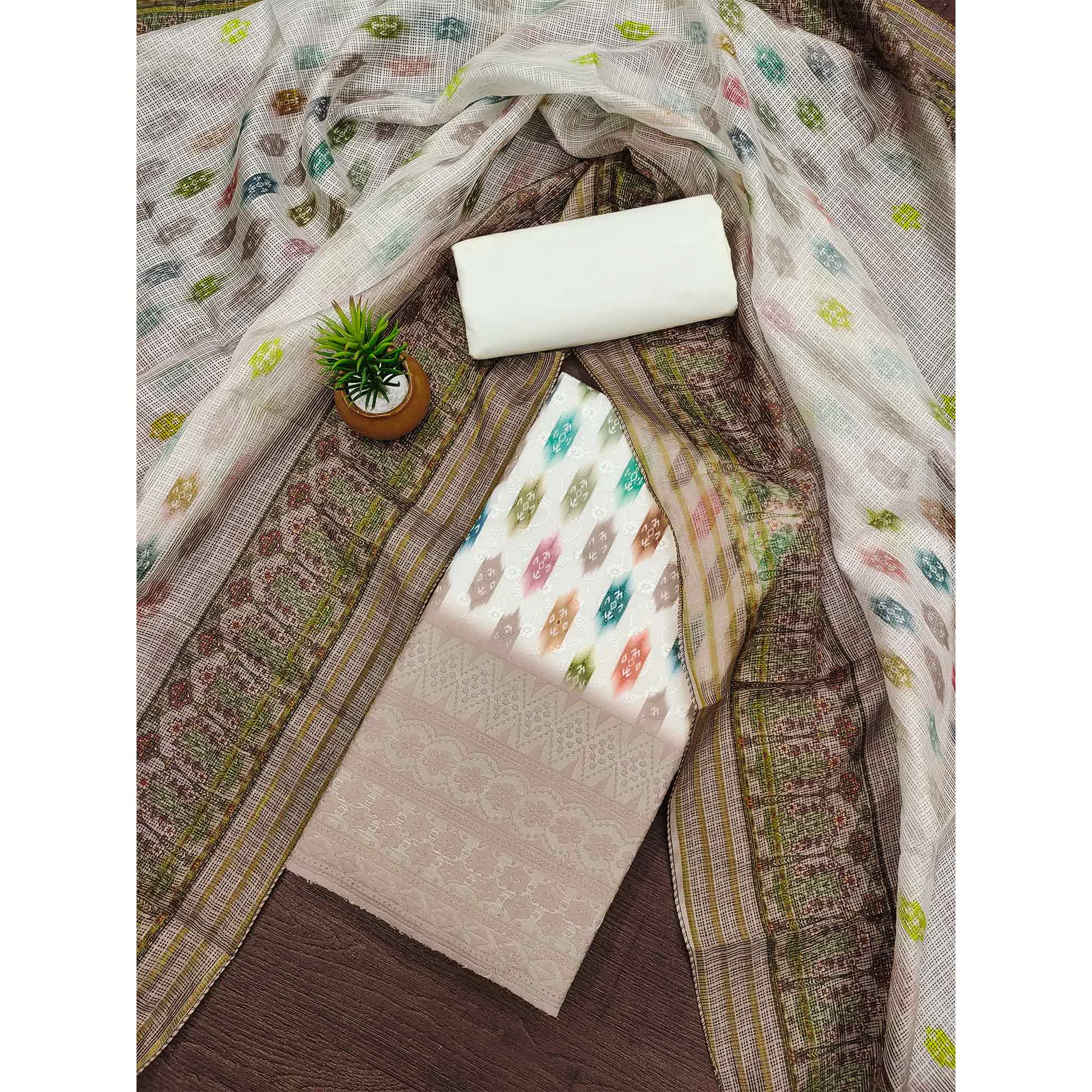 White & Taupe Schiffli Embroidered Cotton Blend Dress Material With Digital Print