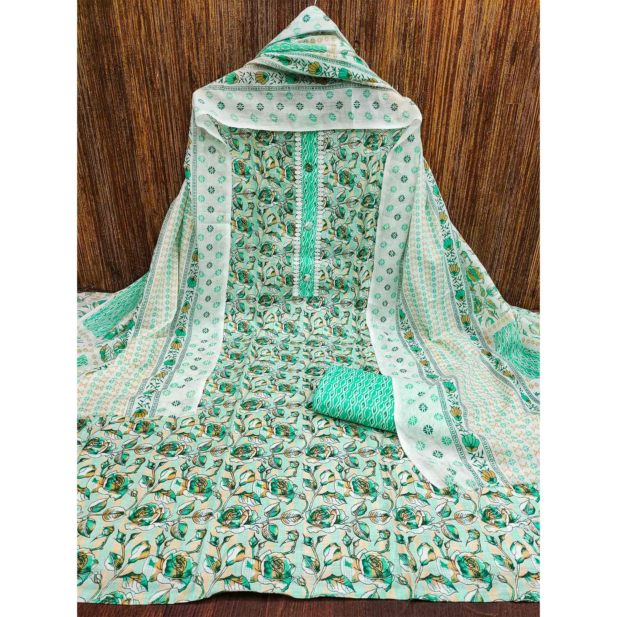 Sea Green Floral Printed Cotton Blend Dress Material