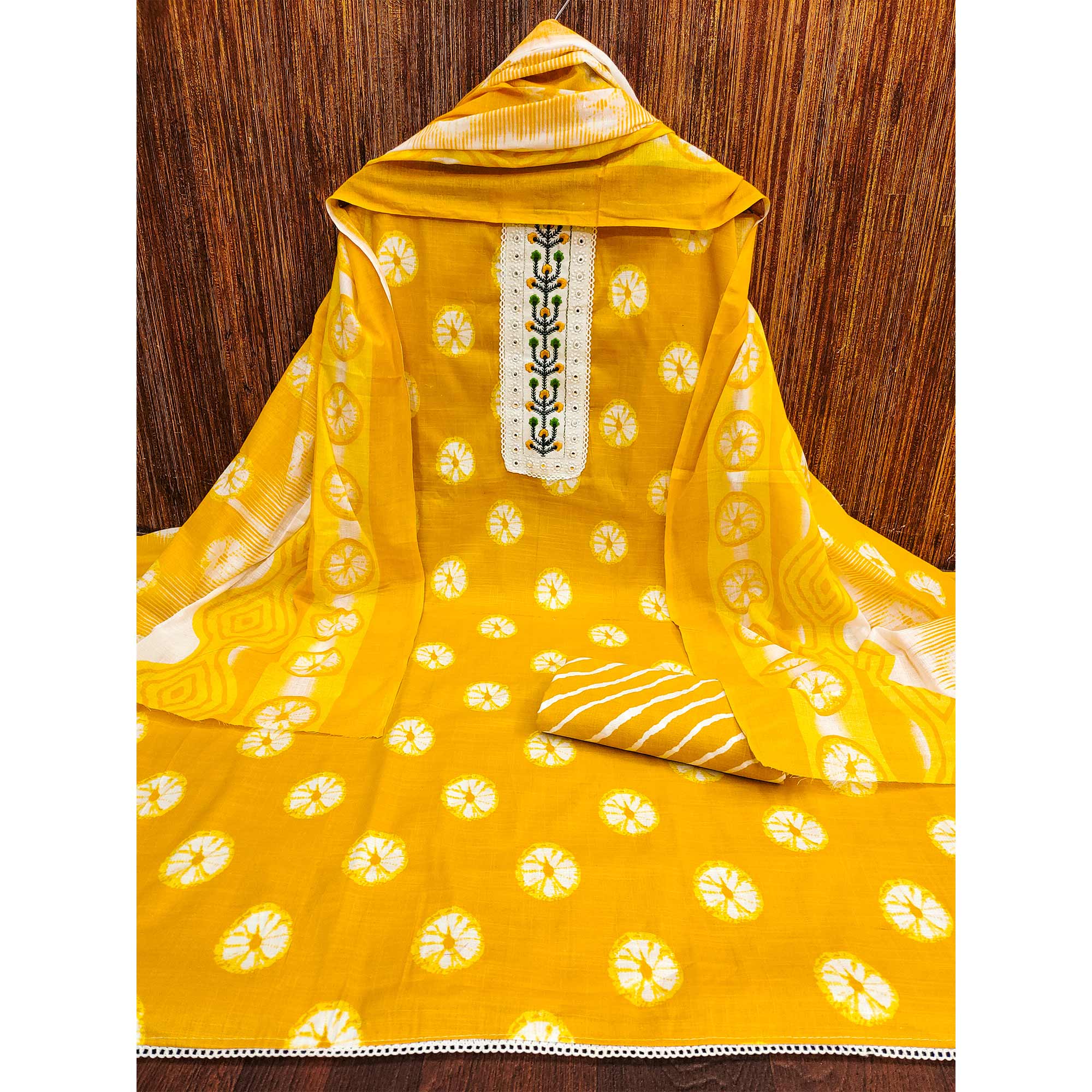 Yellow Printed With Embroidered Cotton Blend Dress Material