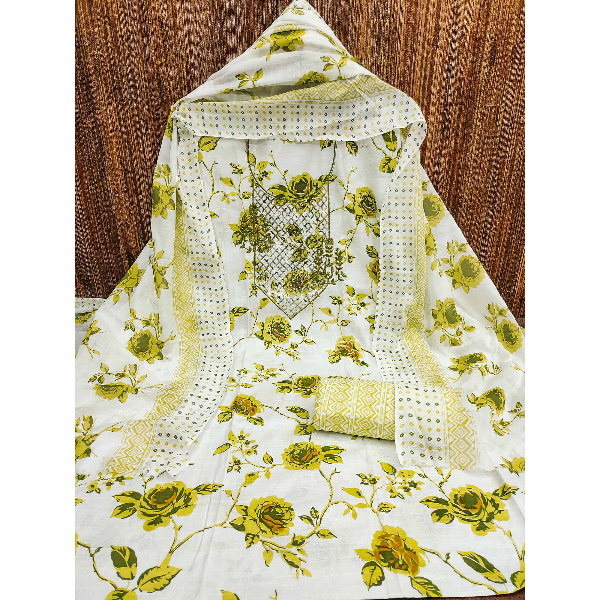 White & Green Floral Printed With Sequins Work Cotton Blend Dress Material