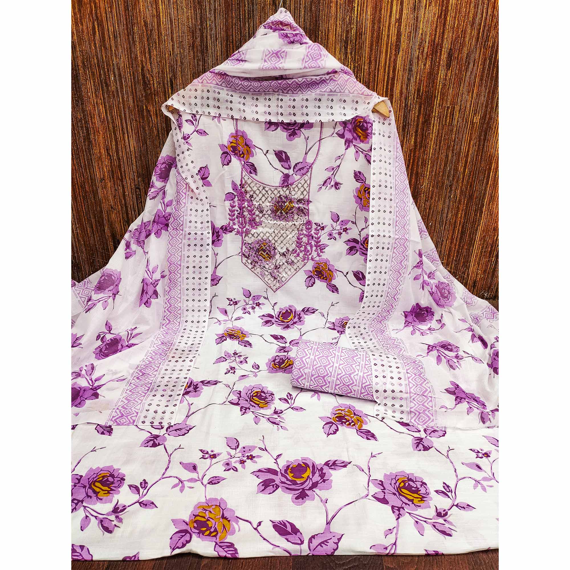 White & Purple Floral Printed With Sequins Work Cotton Blend Dress Material
