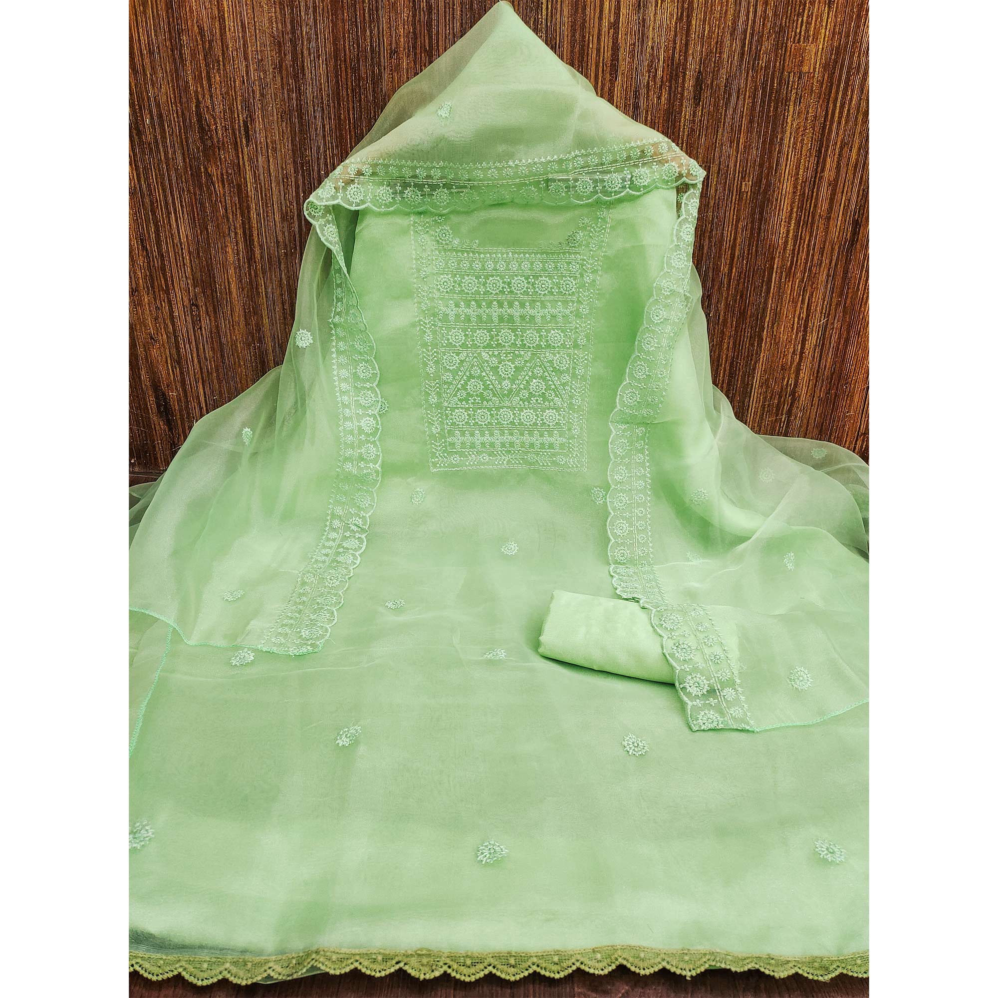 Pista Green Organza Dress Material With Sequins & Floral Thread Embroidery