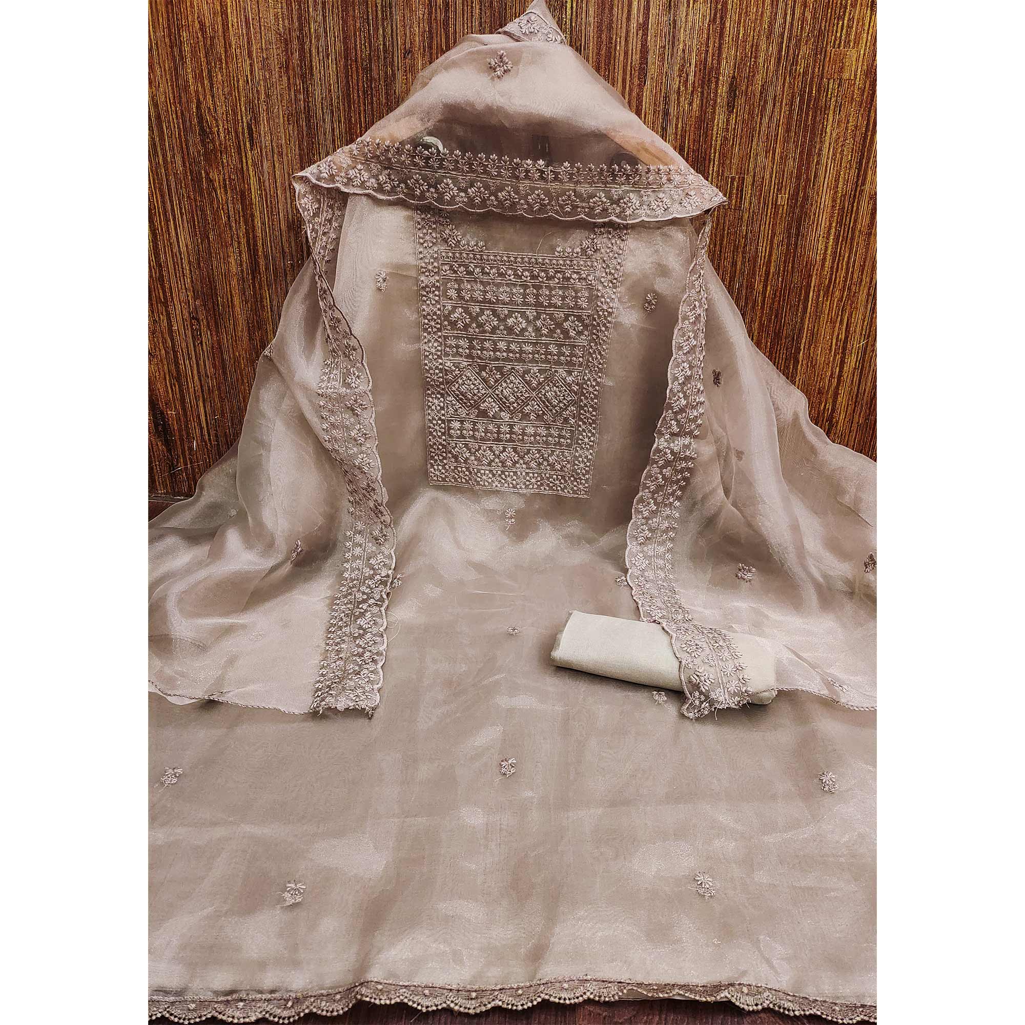 Taupe Organza Dress Material With Sequins & Floral Thread Embroidery