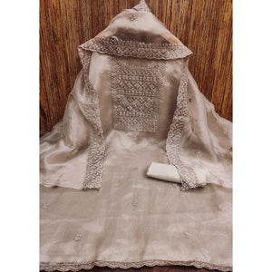 Taupe Organza Dress Material With Sequins & Floral Thread Embroidery