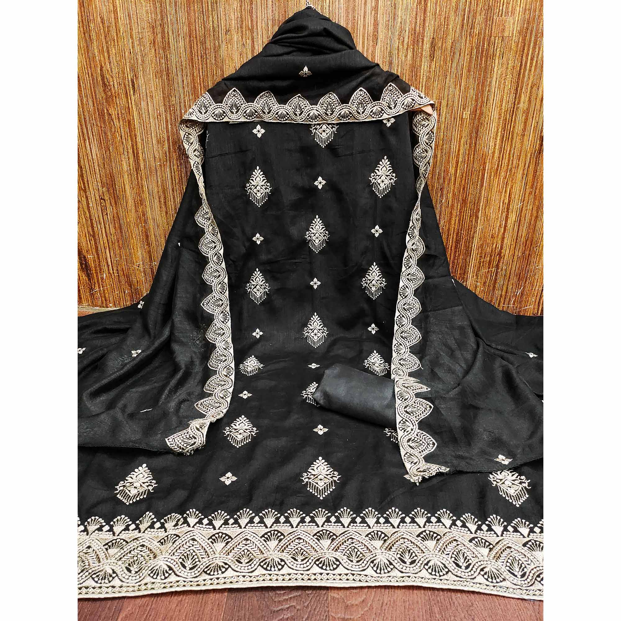 Black Vichitra Silk Dress Material With Intricate Floral Zari Embroidery