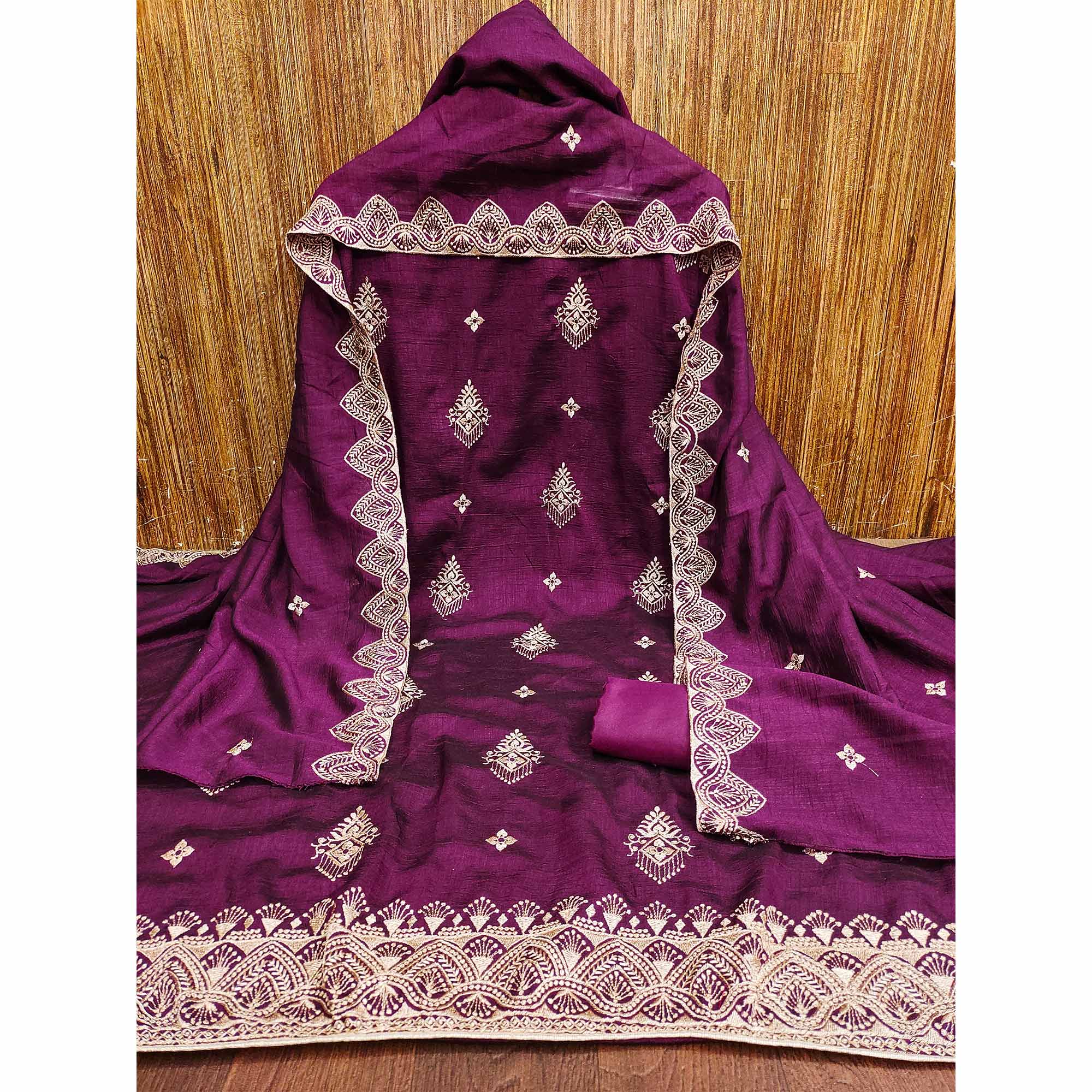 Wine Vichitra Silk Dress Material With Intricate Floral Zari Embroidery