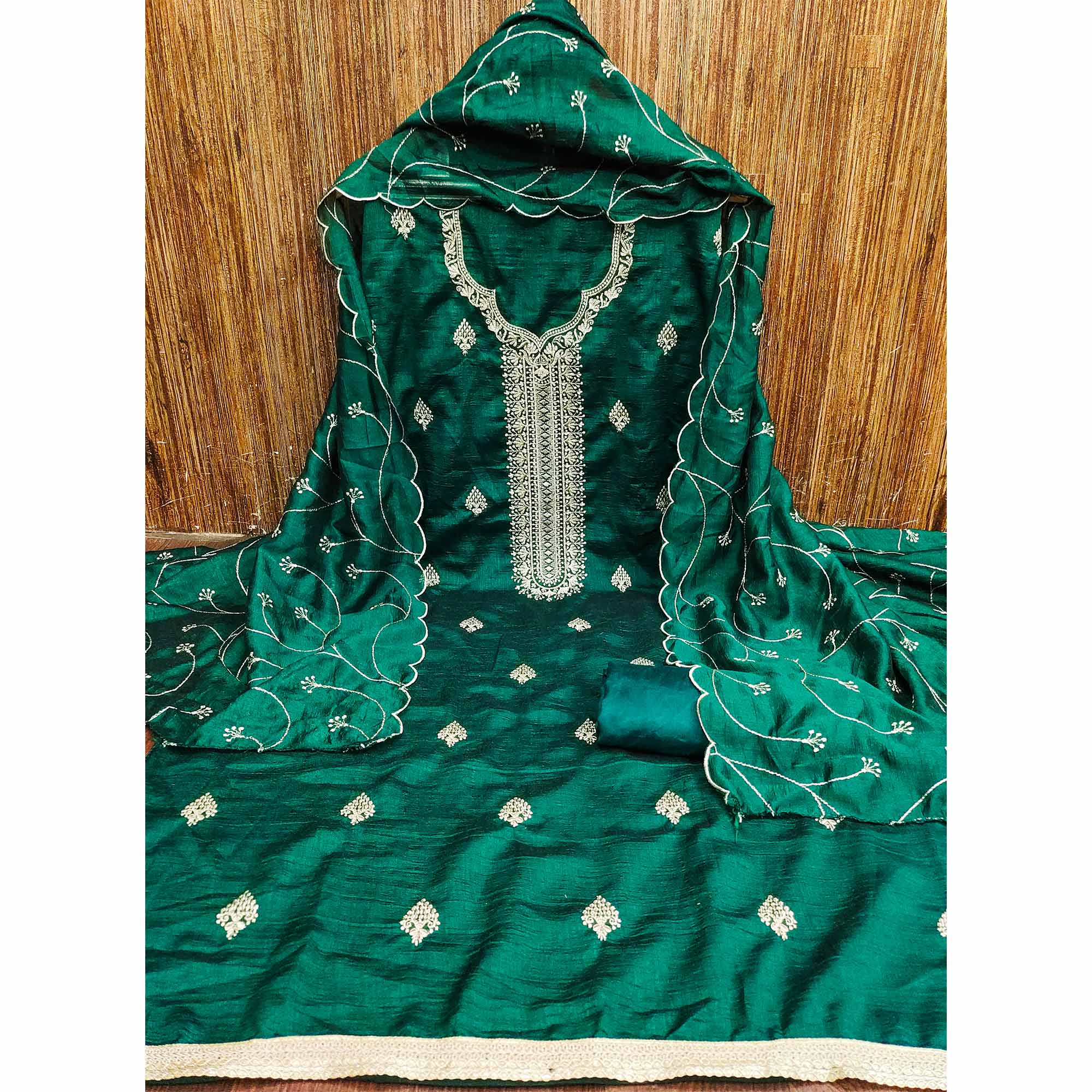 Green Vichitra Silk Dress Material with Graceful Floral Zari Embroidery