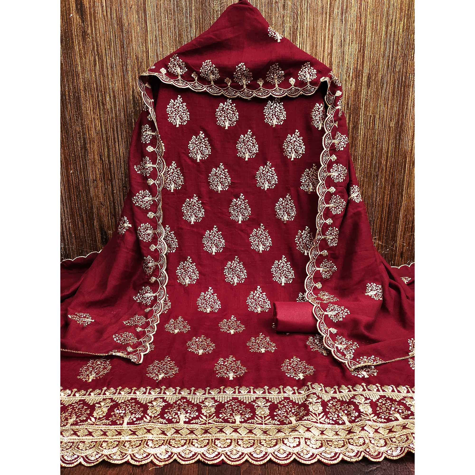 Maroon Sequins Embroidered Vichitra Silk Dress Material