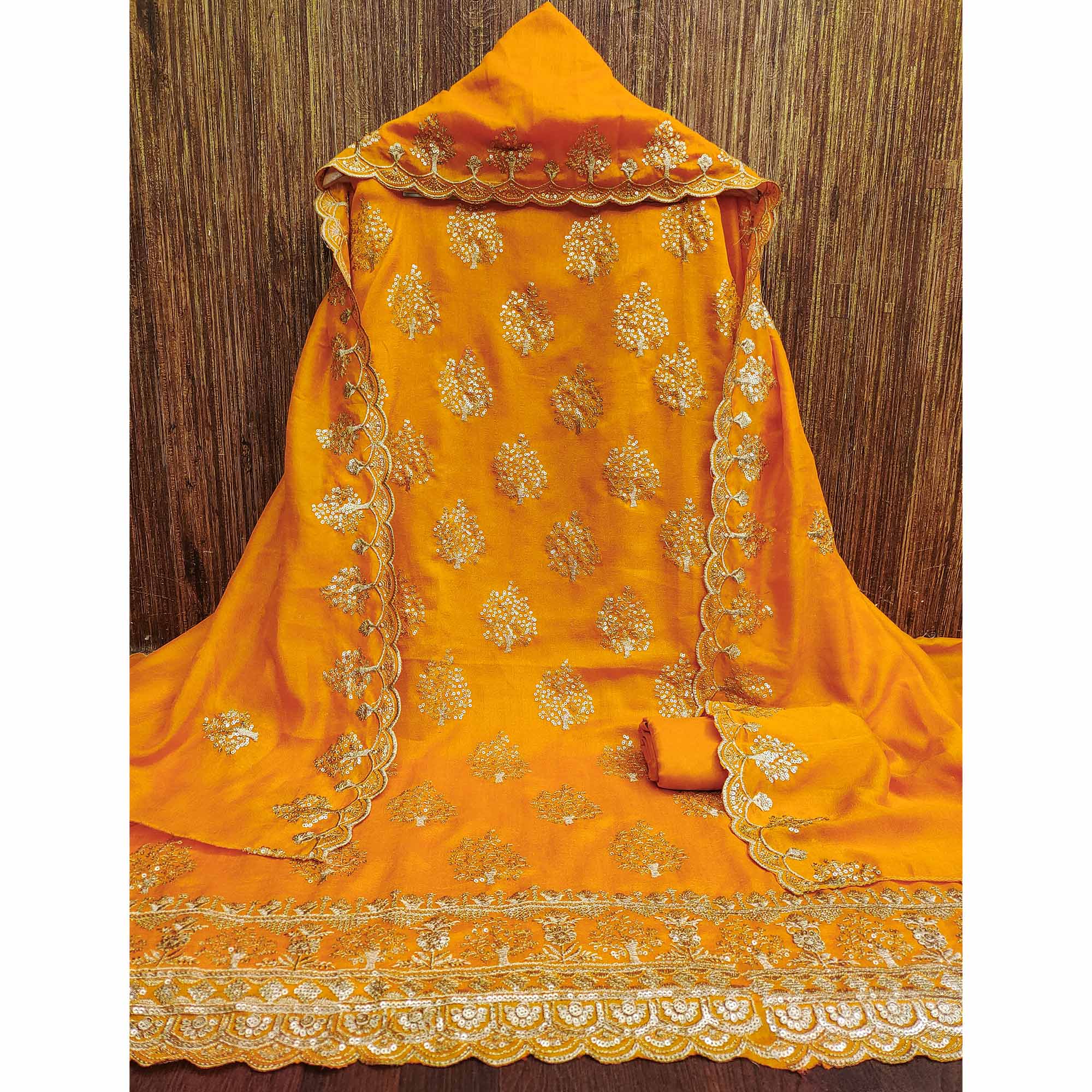 Mustard Sequins Embroidered Vichitra Silk Dress Material