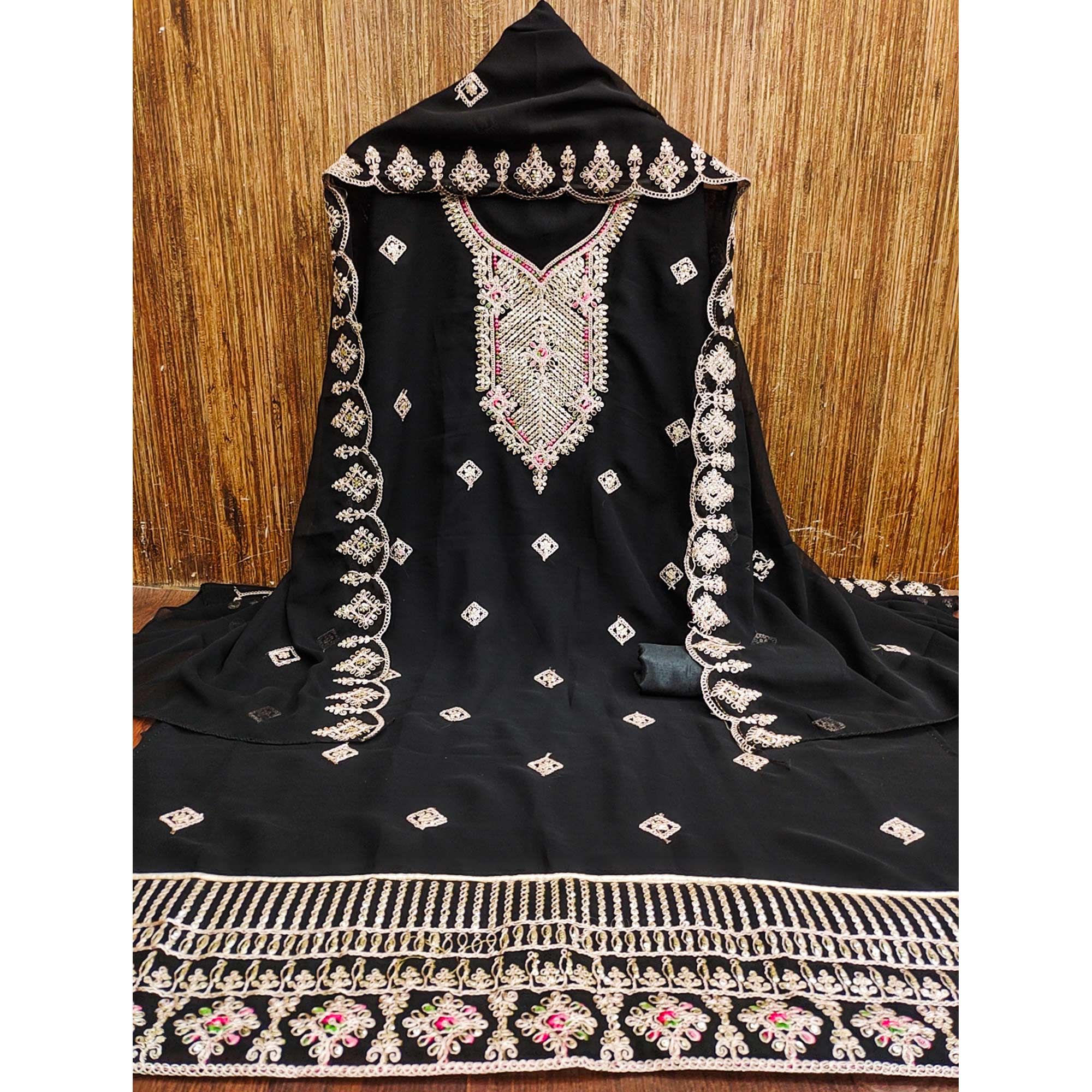 Black Sequins Embroidered Georgette Dress Material