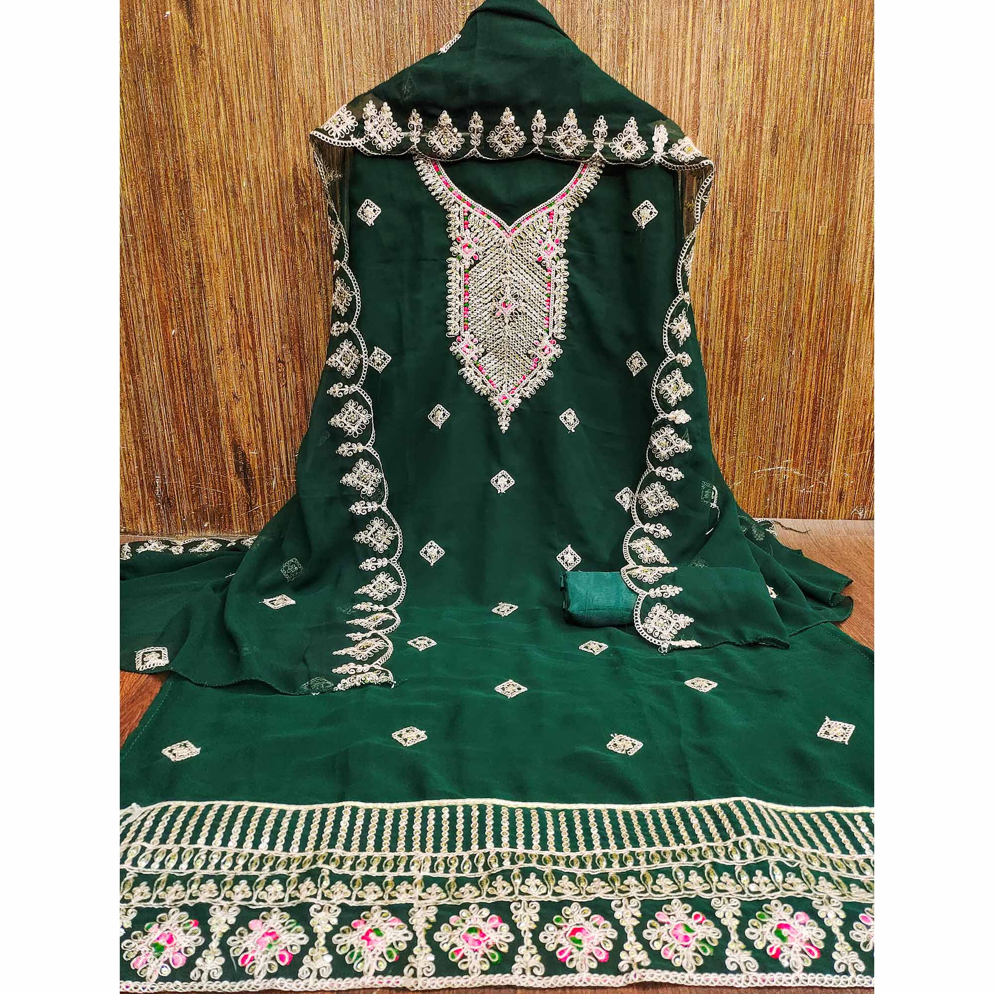 Green Sequins Embroidered Georgette Dress Material