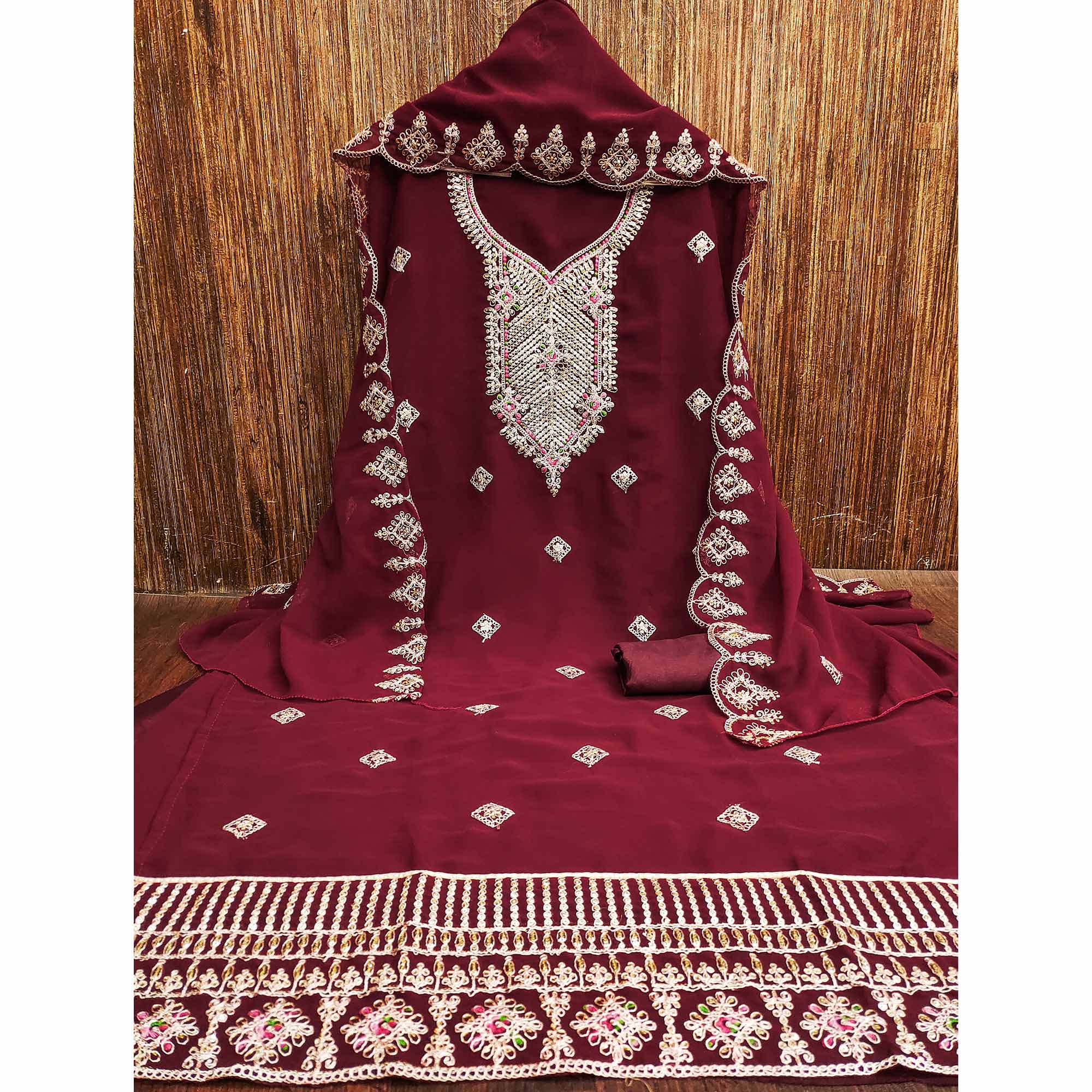 Maroon Sequins Embroidered Georgette Dress Material