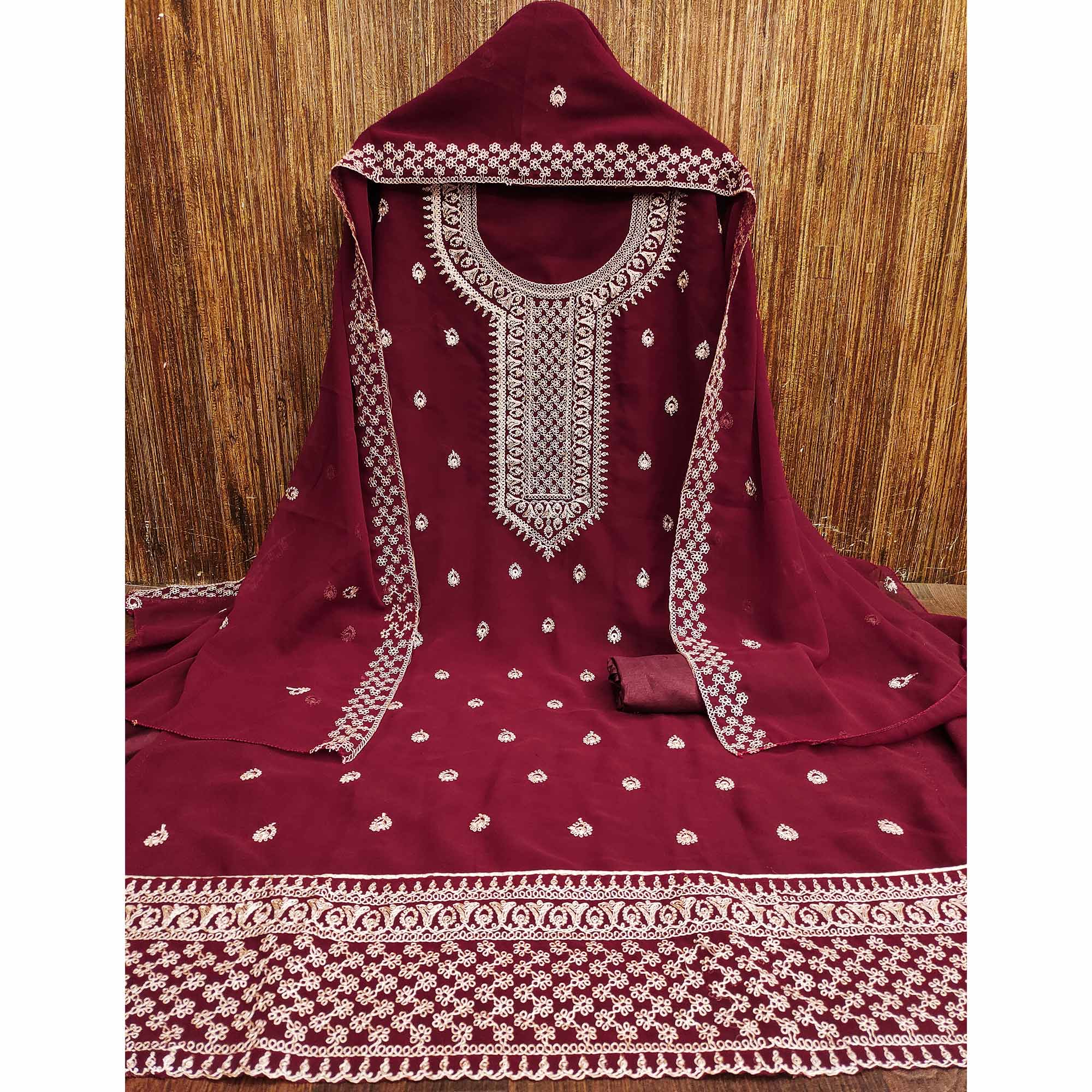 Maroon Embroidered Georgette Dress Material