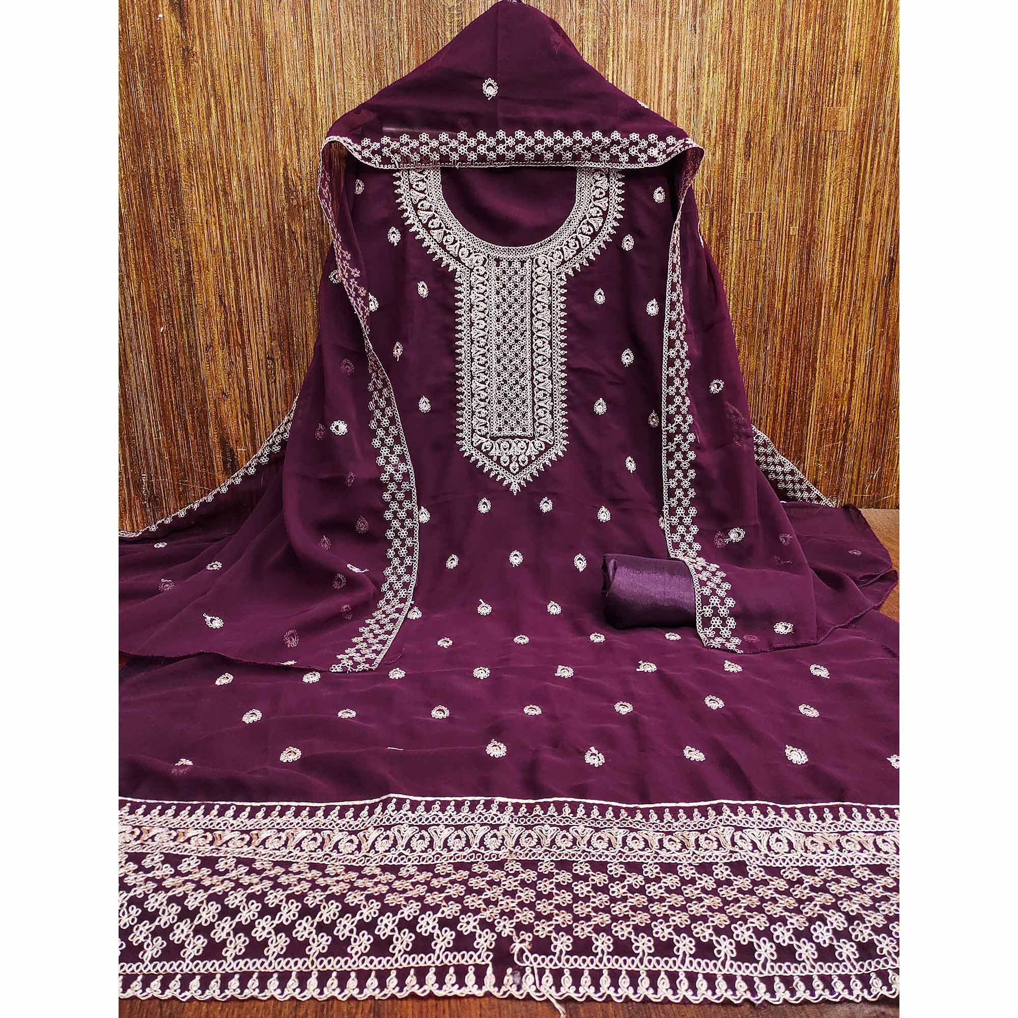 Purple Embroidered Georgette Dress Material