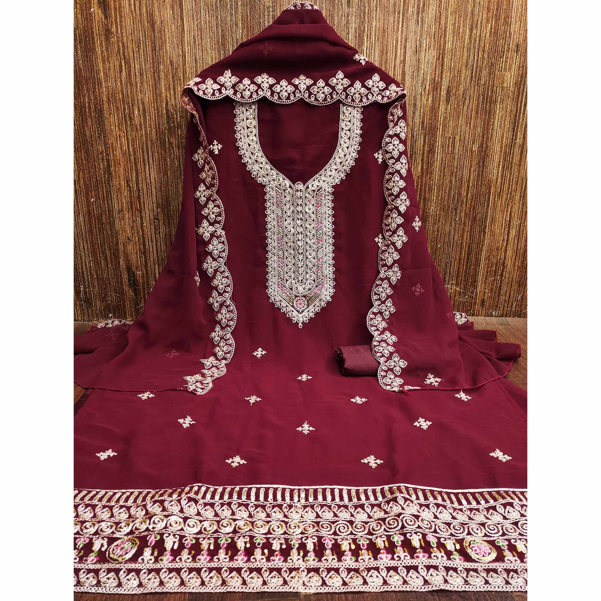 Maroon Floral Embroidered Georgette Dress Material