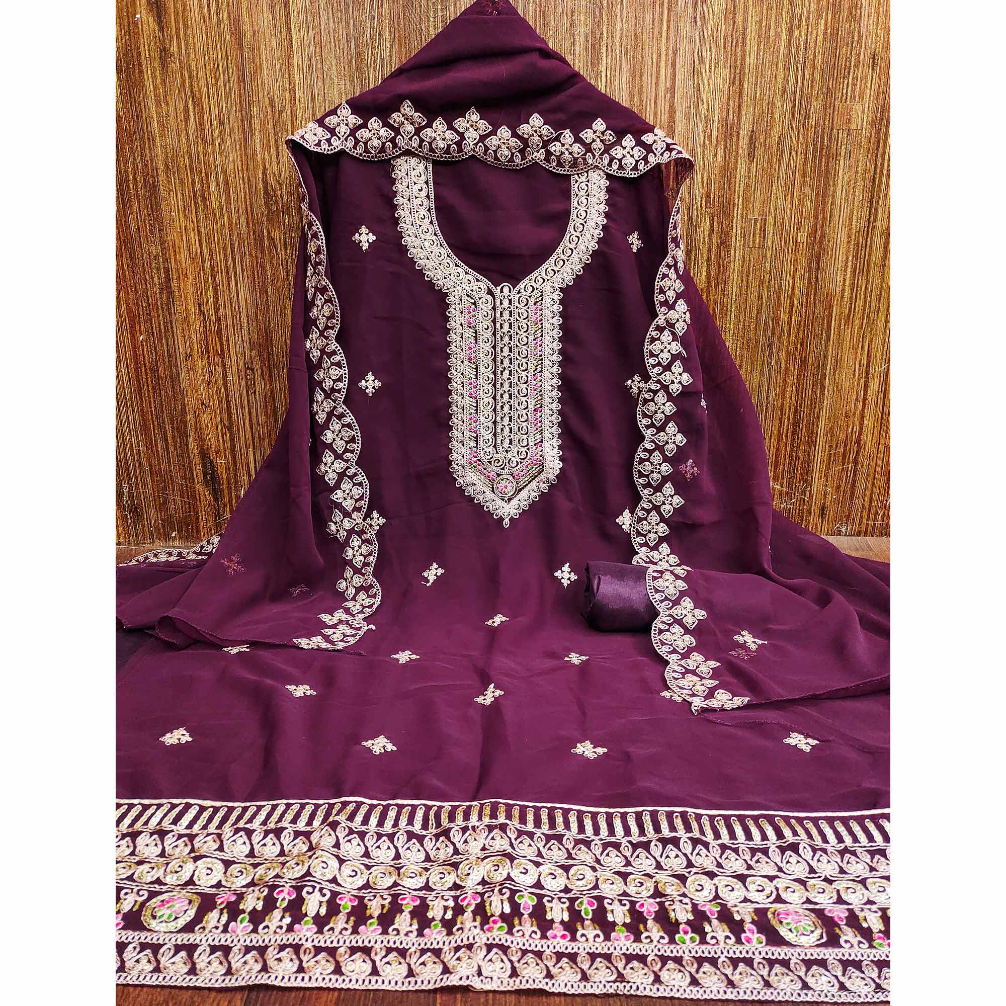 Purple Floral Embroidered Georgette Dress Material