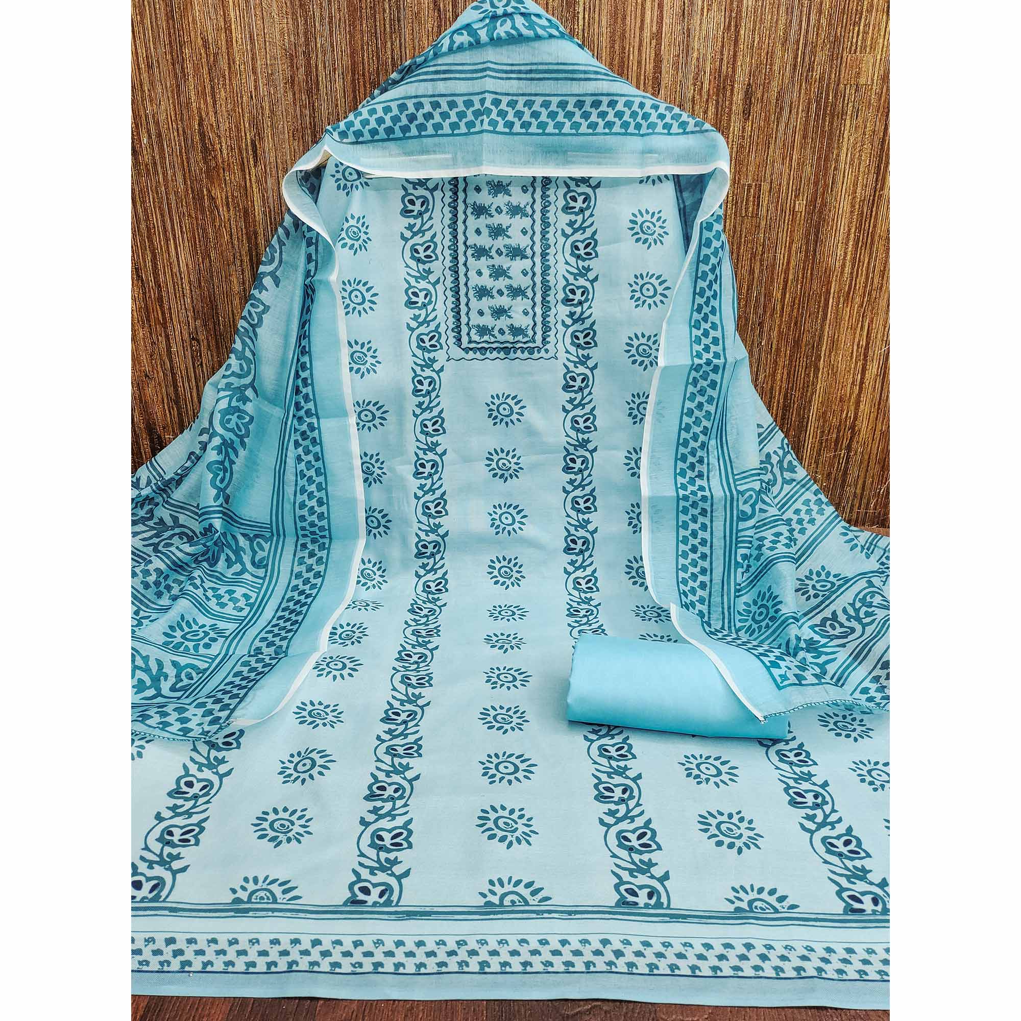 Blue Floral Printed Cotton Blend Dress Material