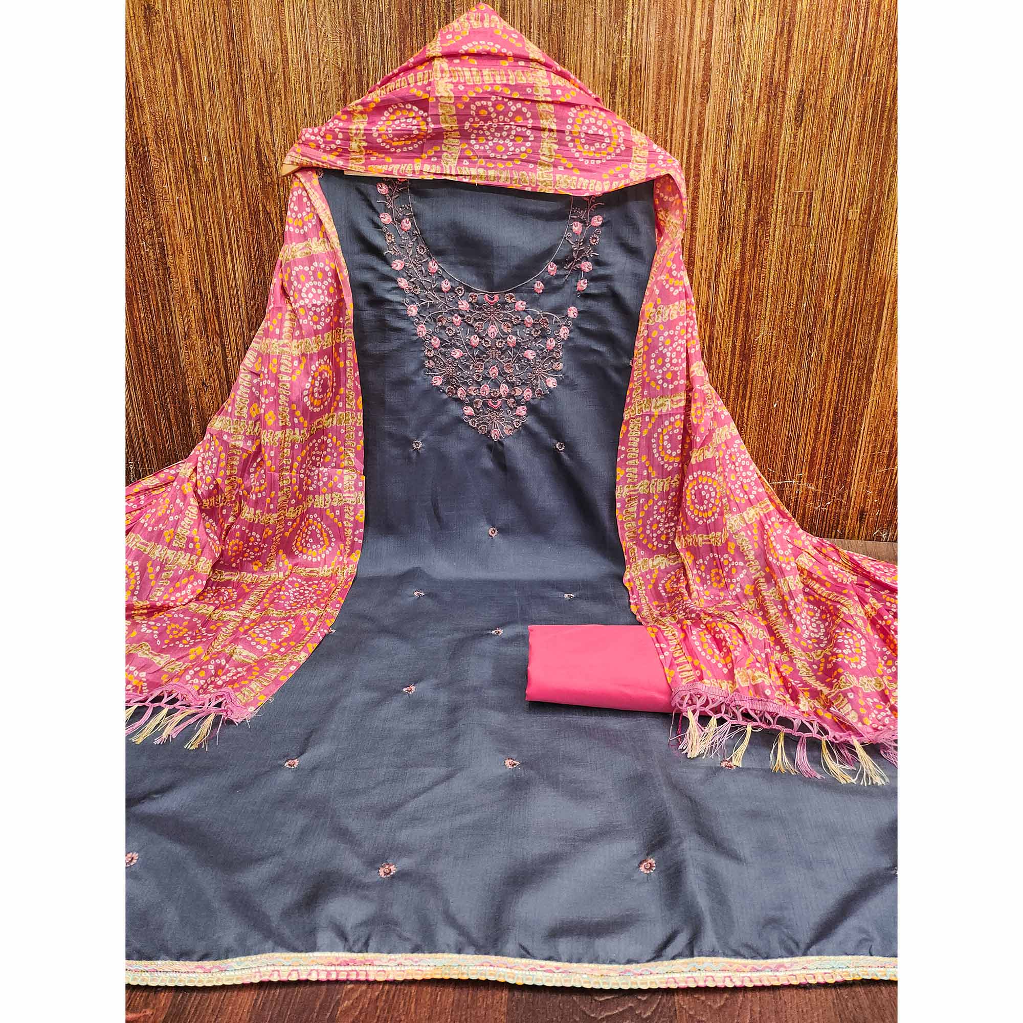 Grey Floral Sequins Embroidered Cotton Blend Dress Material