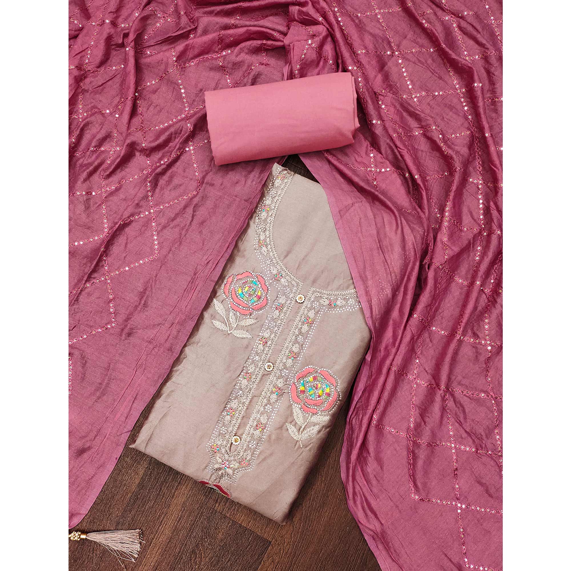 Dusty Brown Pure Cotton Dress Material Adorned With Floral Embroidery & Sparkling Swarovski