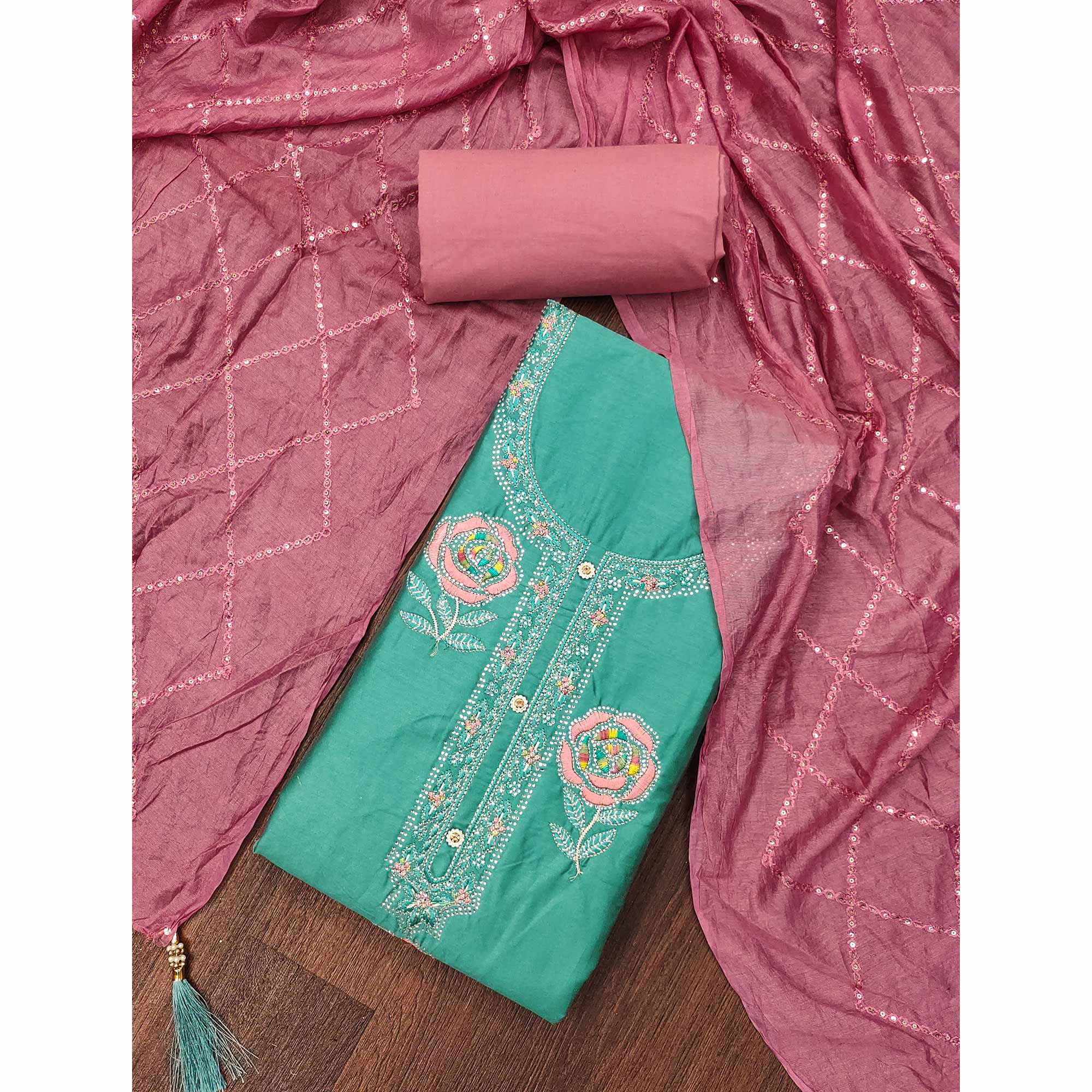 Turquoise Pure Cotton Dress Material Adorned With Floral Embroidery & Sparkling Swarovski