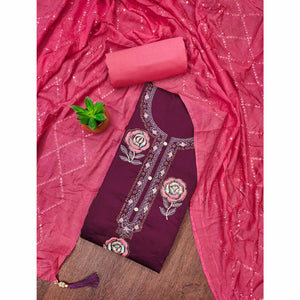 Wine Pure Cotton Dress Material Adorned With Floral Embroidery & Sparkling Swarovski