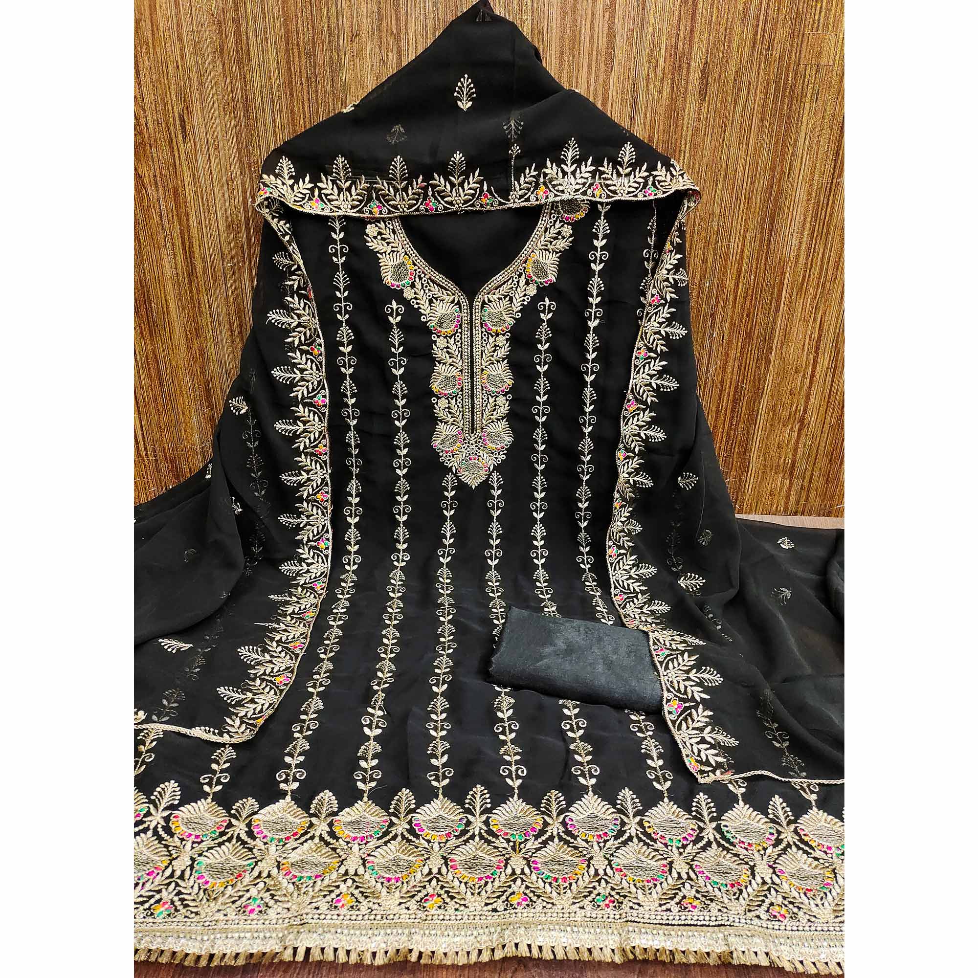 Black Floral Embroidered Georgette Dress Material