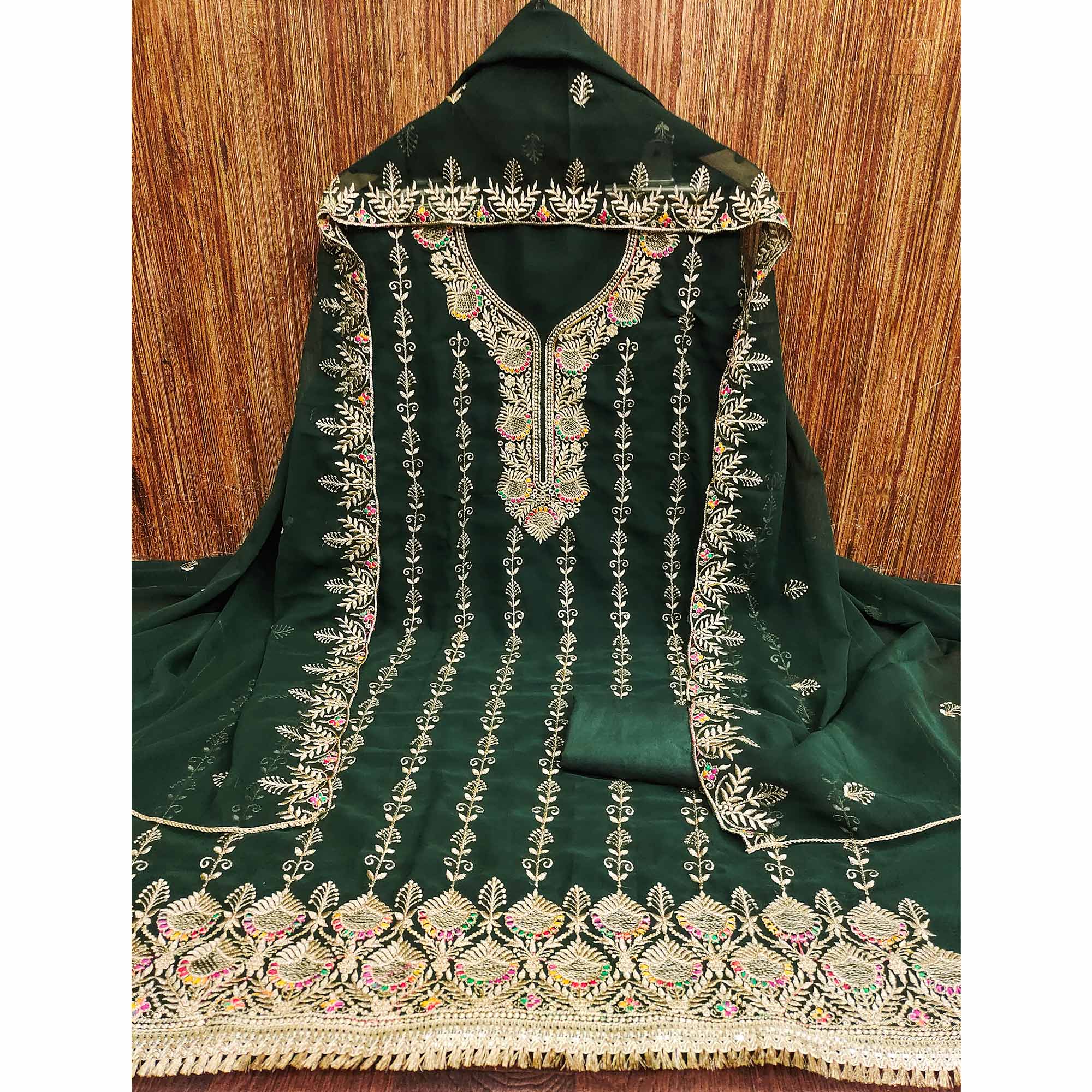 Green Floral Embroidered Georgette Dress Material