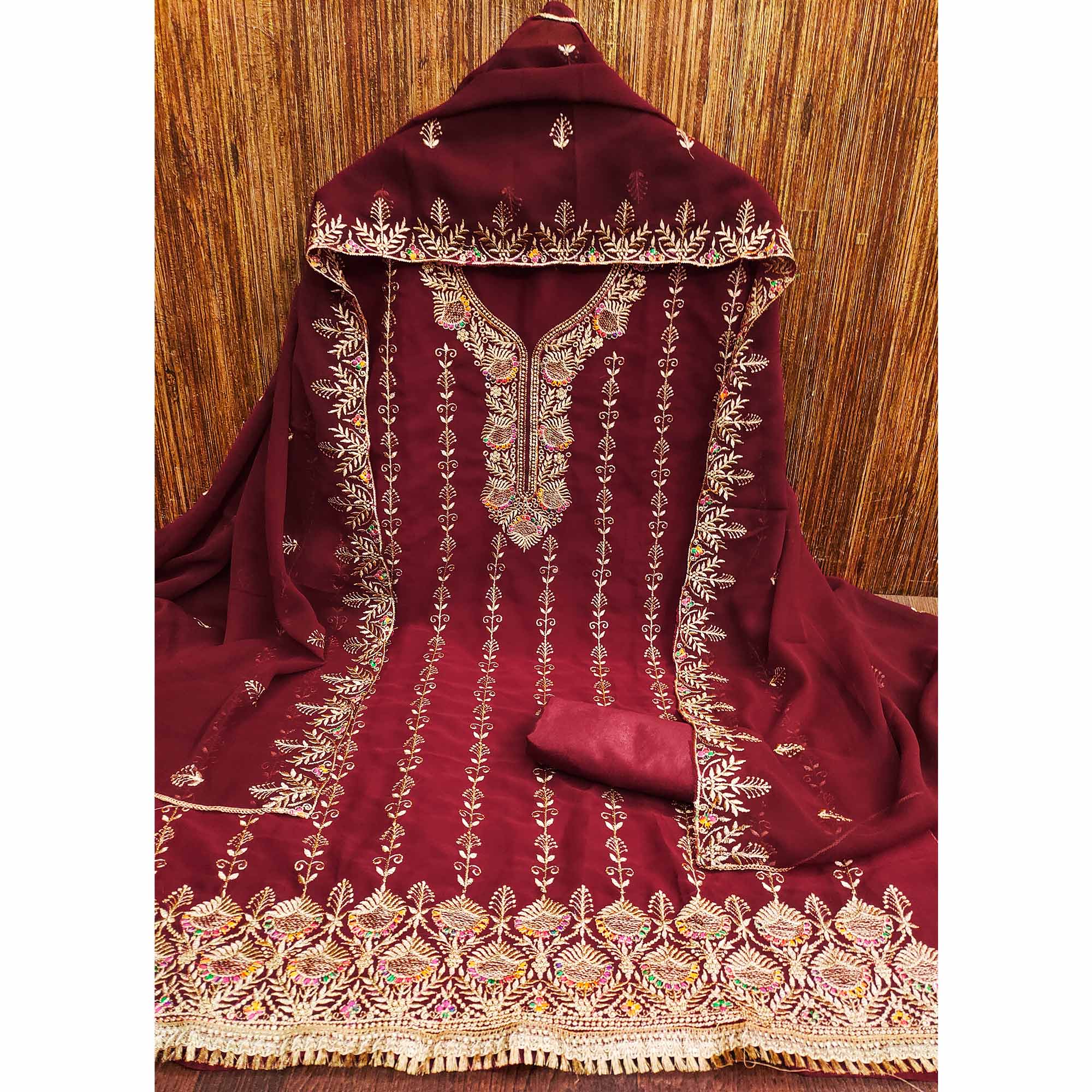 Maroon Floral Embroidered Georgette Dress Material