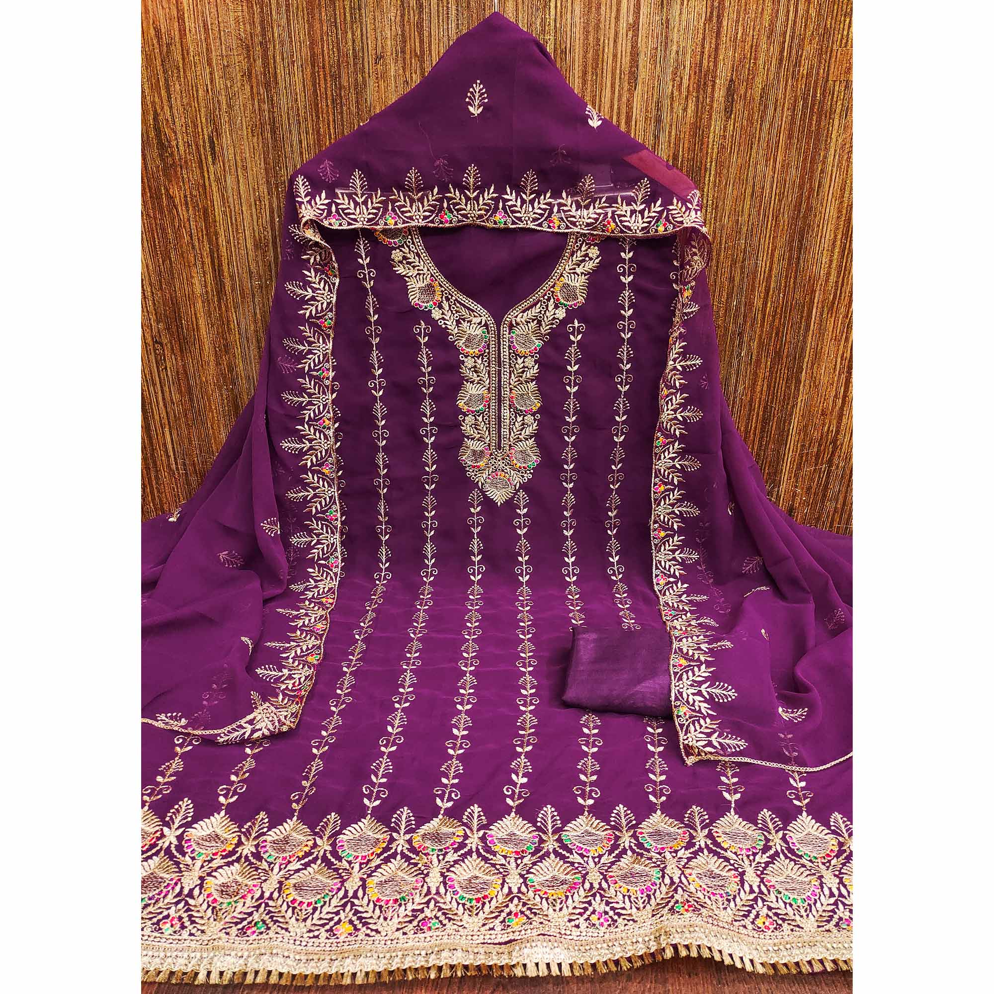 Purple Floral Embroidered Georgette Dress Material