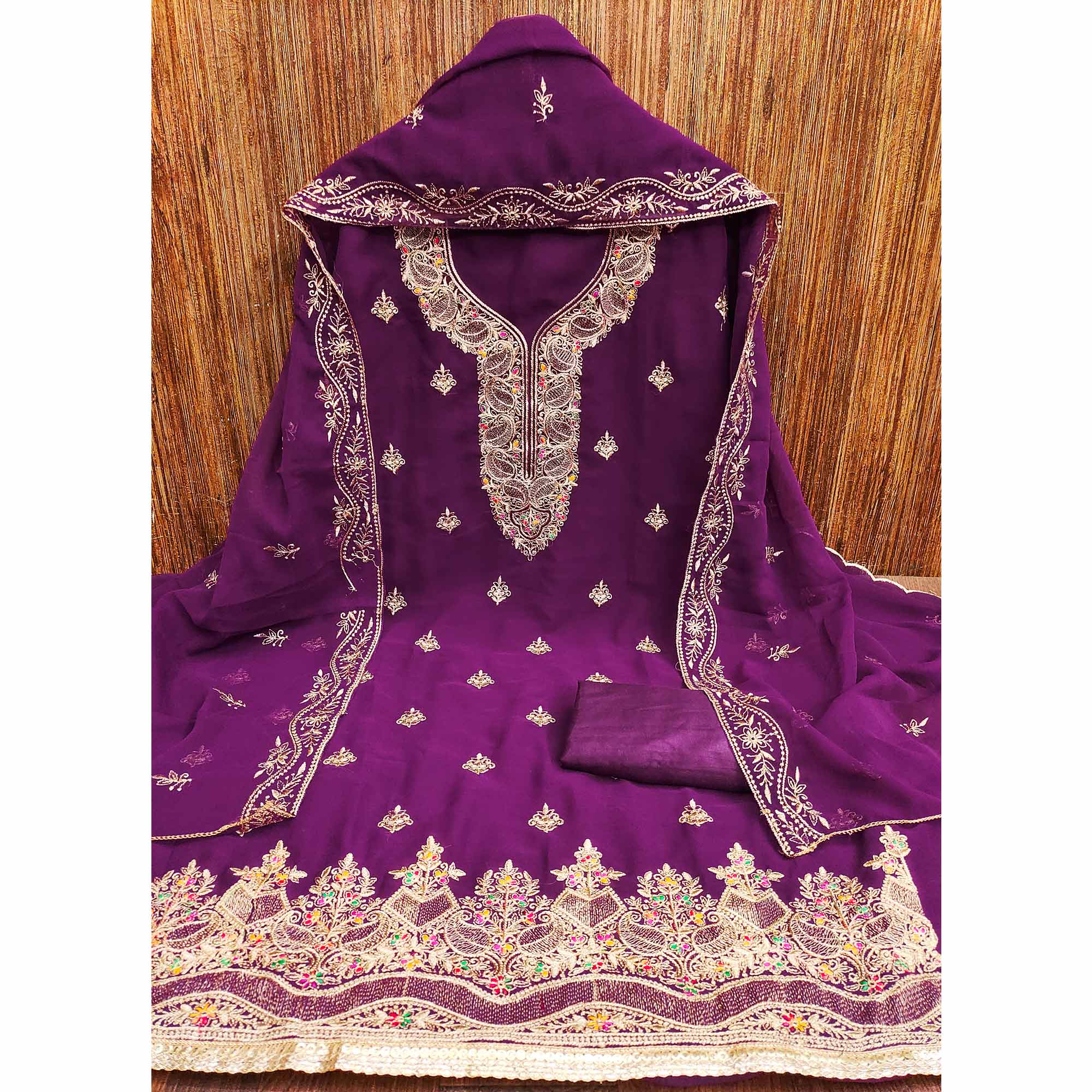Purple Floral Embroidered Georgette Dress Material