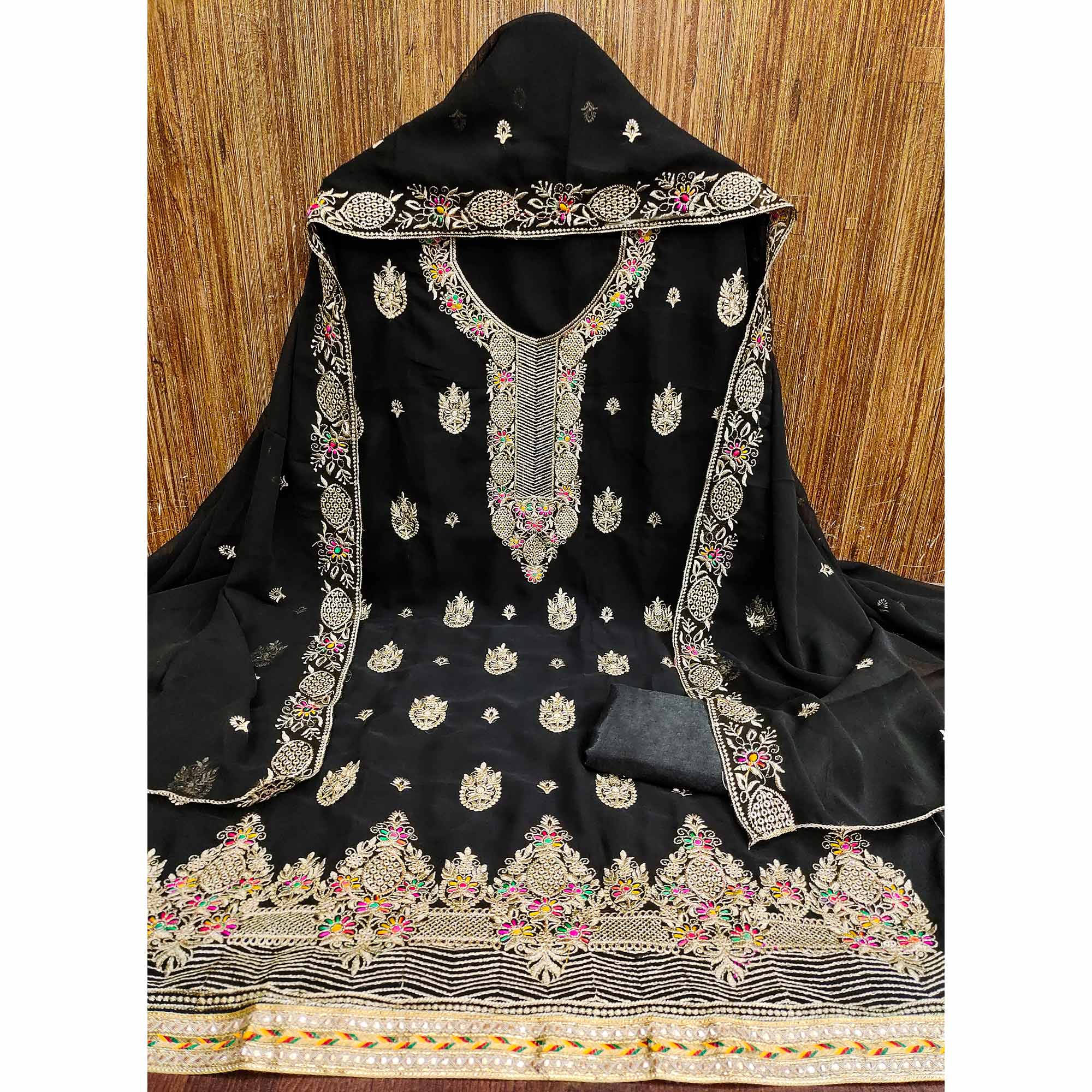Black Floral Embroidered Georgette Dress Material