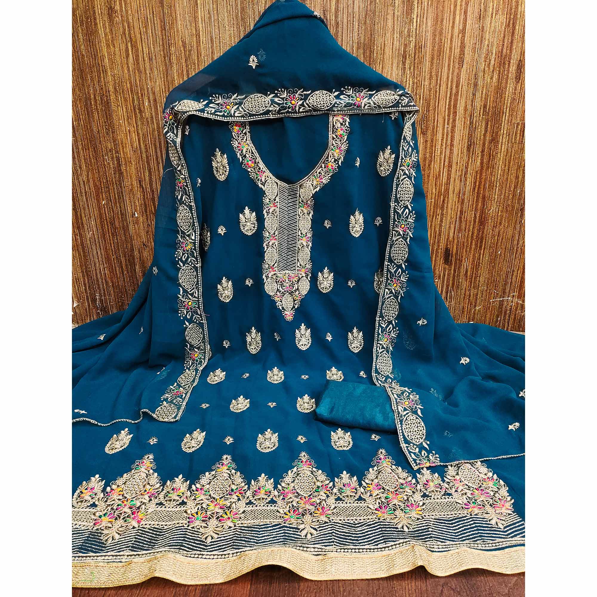 Blue Designer Georgette Dress Material Adorned With Intricate Floral Embroidery