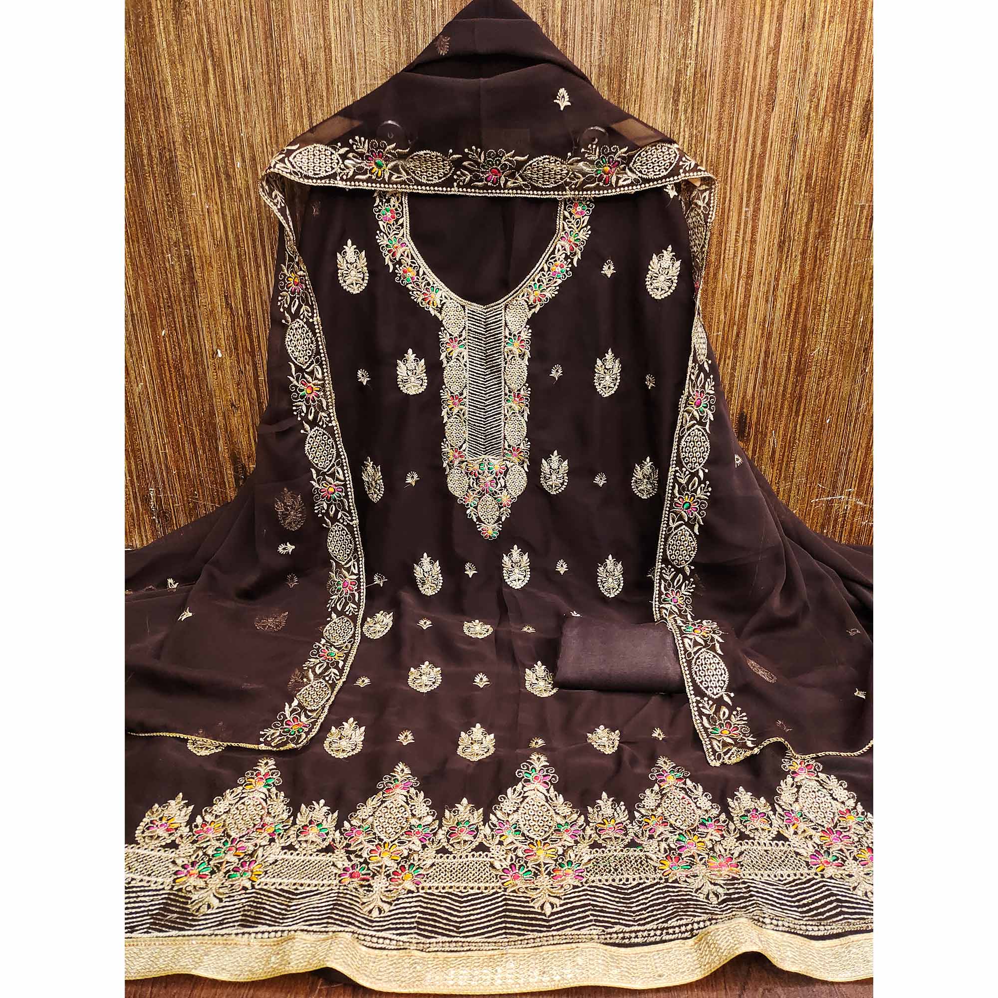 Brown Designer Georgette Dress Material Adorned With Intricate Floral Embroidery
