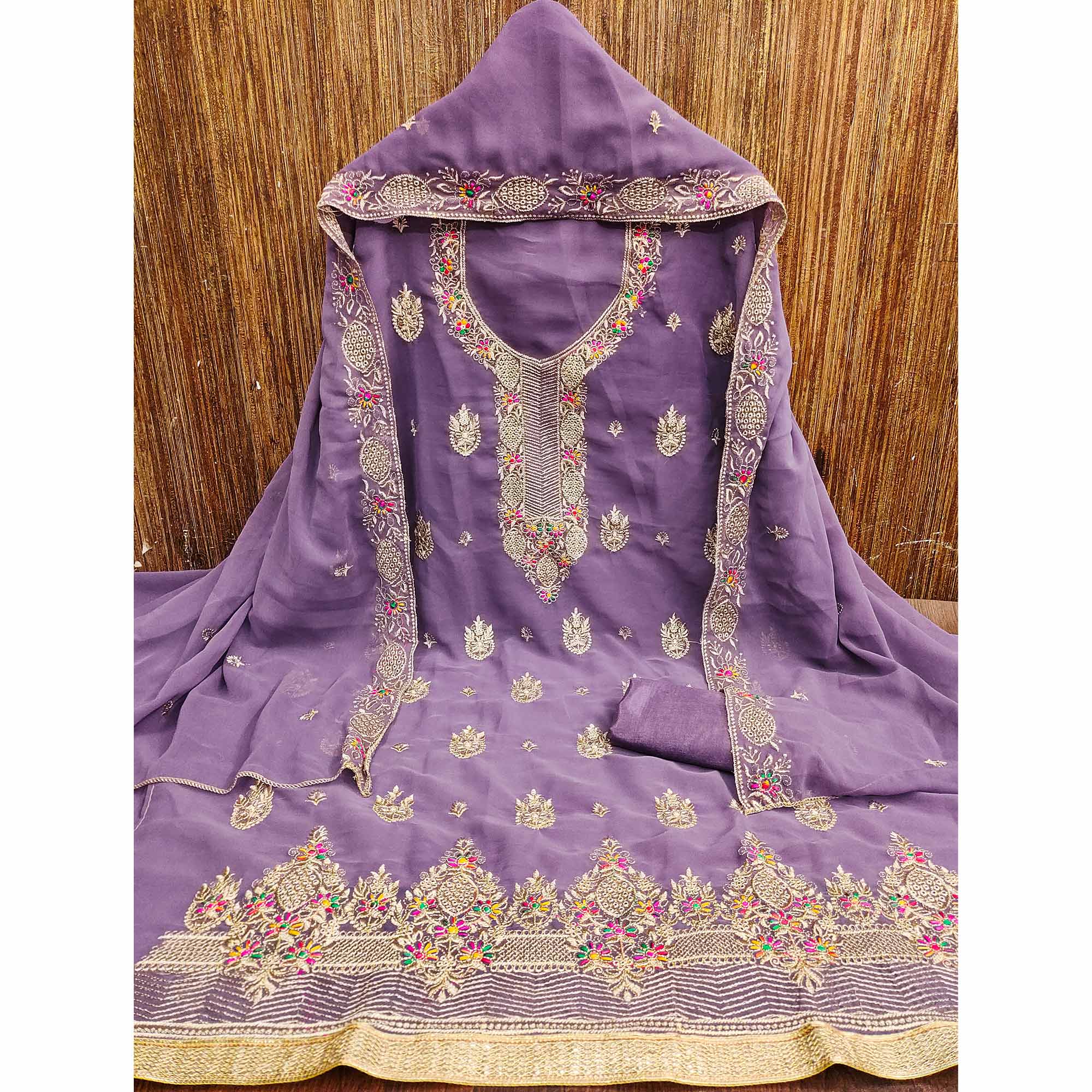 Lavender Designer Georgette Dress Material Adorned With Intricate Floral Embroidery