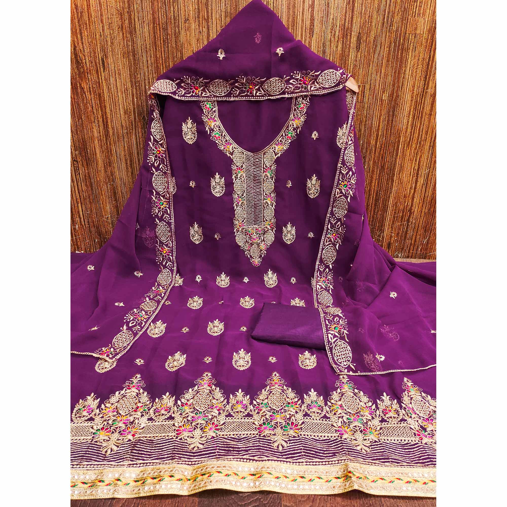 Purple Floral Embroidered Georgette Dress Material